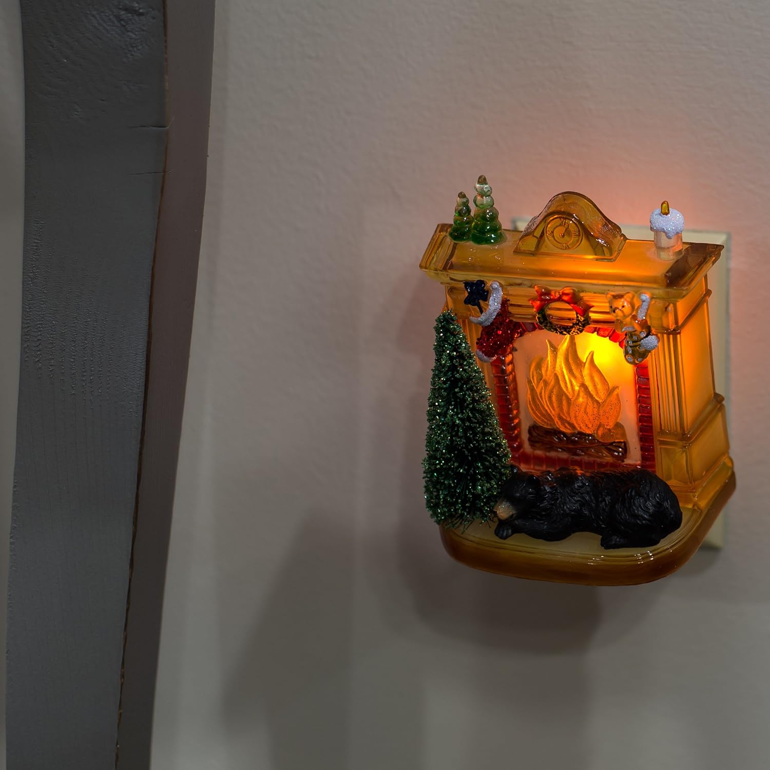 Sleeping Winter Bear by Fireplace 6 x 4 Inch Plastic Swivel Base Wall Plug In Night Light