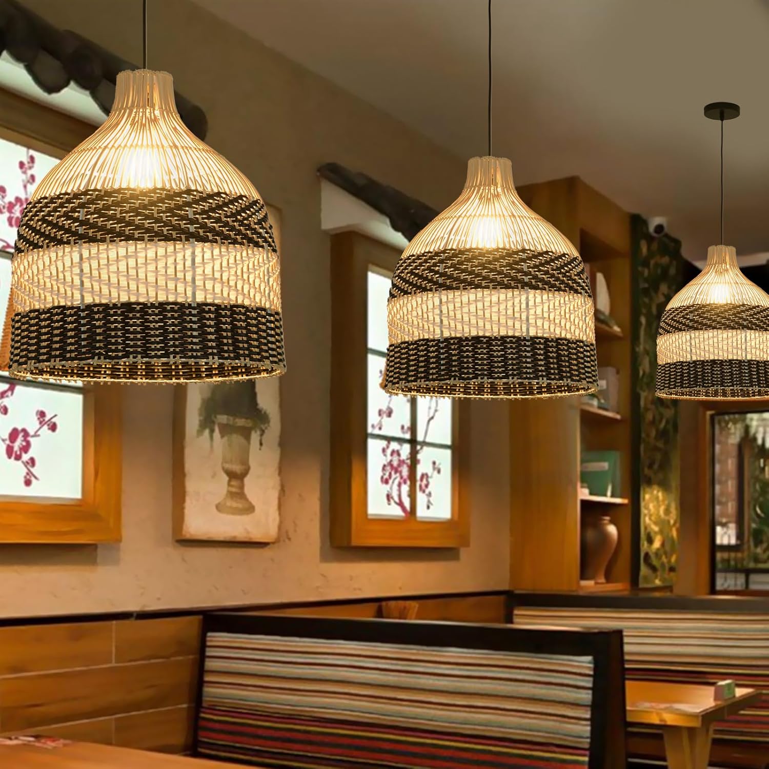 Rattan Pendant Light 1-Pack Black White Faux Rattan Basket Chandelier 11.8" Boho Handmade Woven Oval Wicker Hanging Light Fixture for Public Place Dining Living Bedroom Kitchen