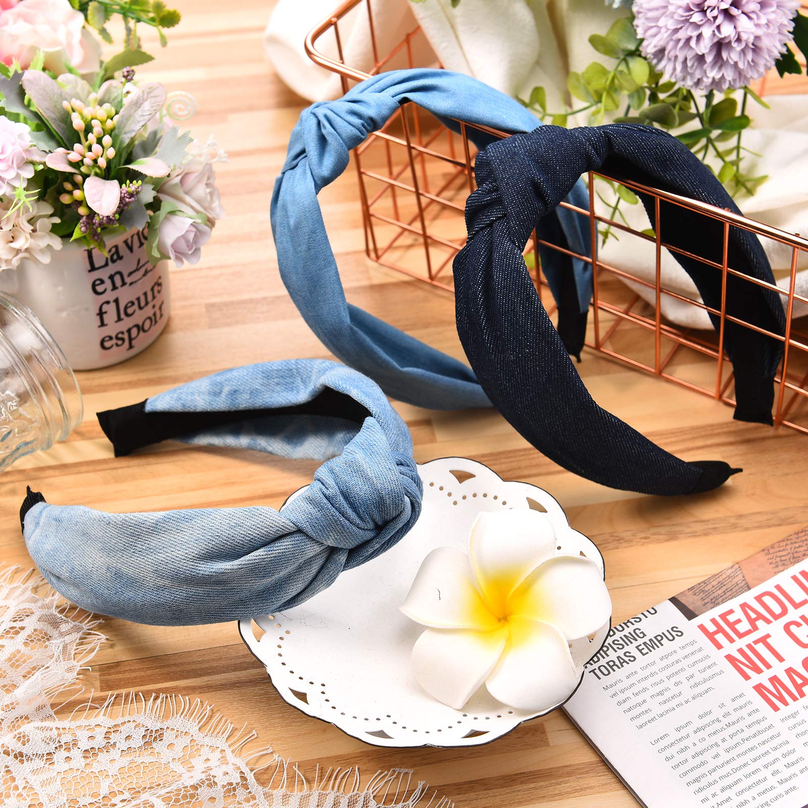 Handmade Denim Hair Band | Perfect Condition Twine and Love | Strawberry Denim Beaded Knot Headband  main image 4