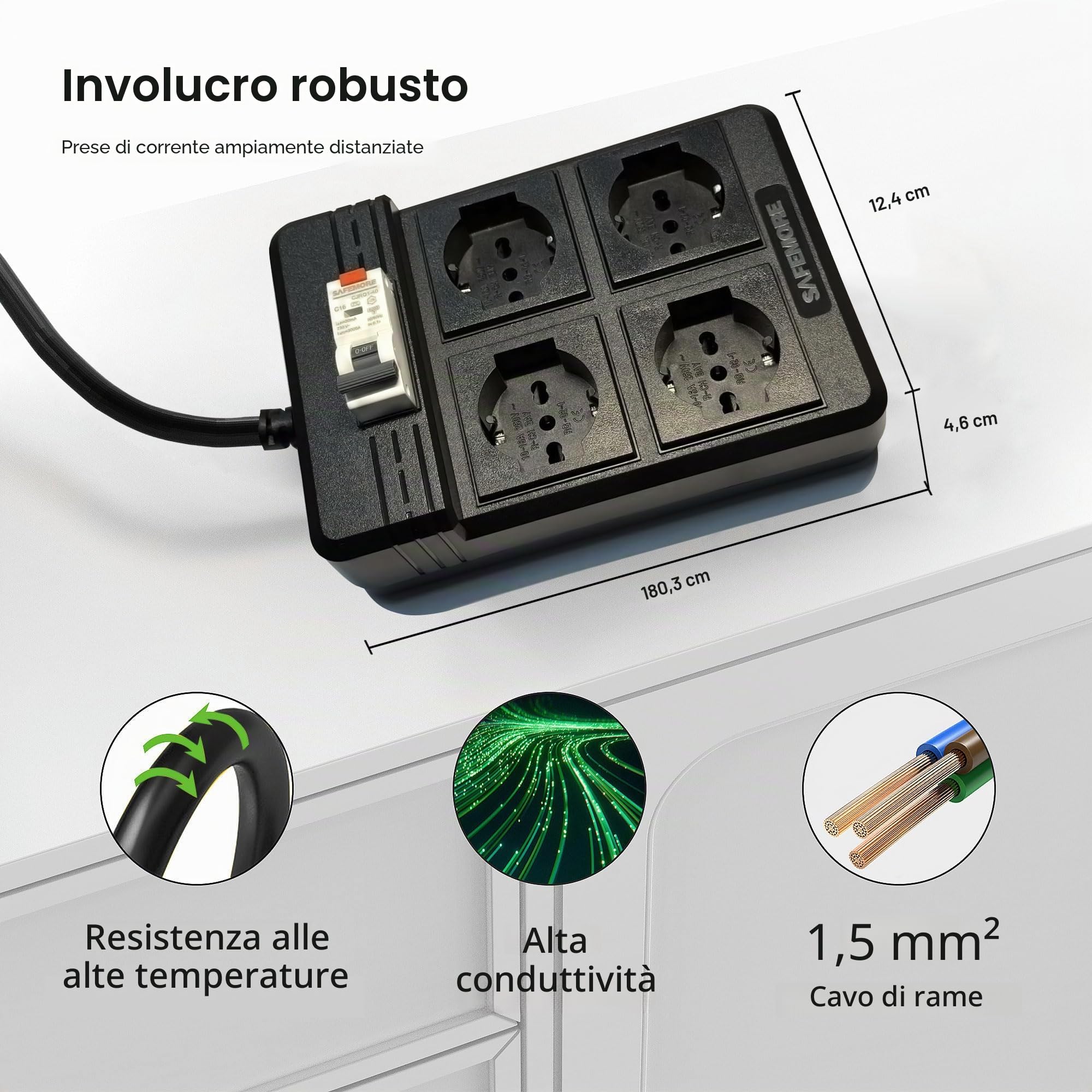 Presa Multipla con Interruttore Salvavita Integrato, 4 Prese con Protezione RCD 16A/250V, Ciabatta Salvavita 4000W con Cavo di Prolunga da 3m e Interruttore Differenziale 30mA RCBO (Solo per l'Italia)