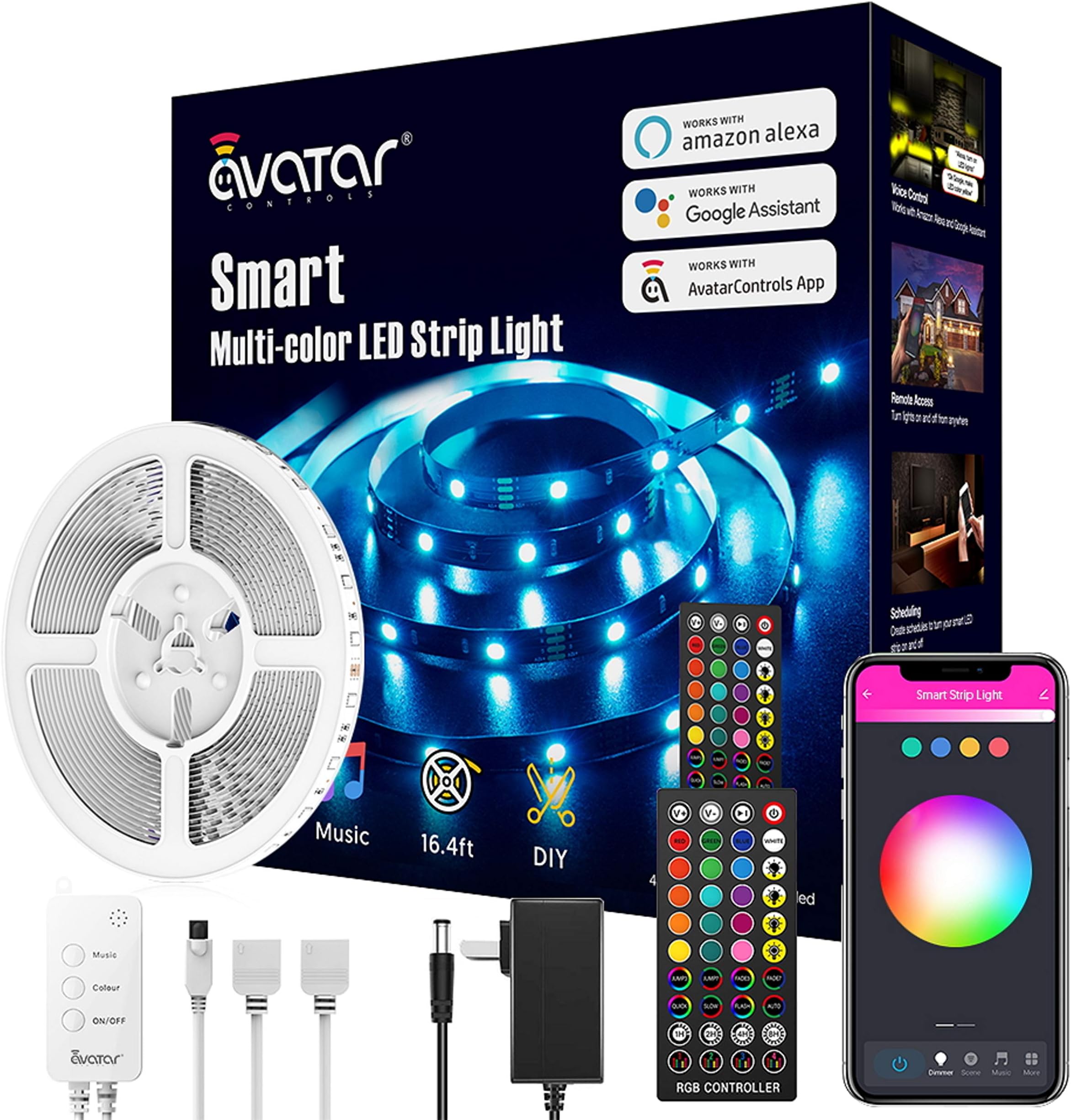 Avatar Controls9.8 ft Alexa LED Lights Compatible with Music Sync, Dimmable LED Strip Lights Work with Google Assistant, 16M Multicolor LED Lights Smart Controlled by Voice, APP, Remote and Box