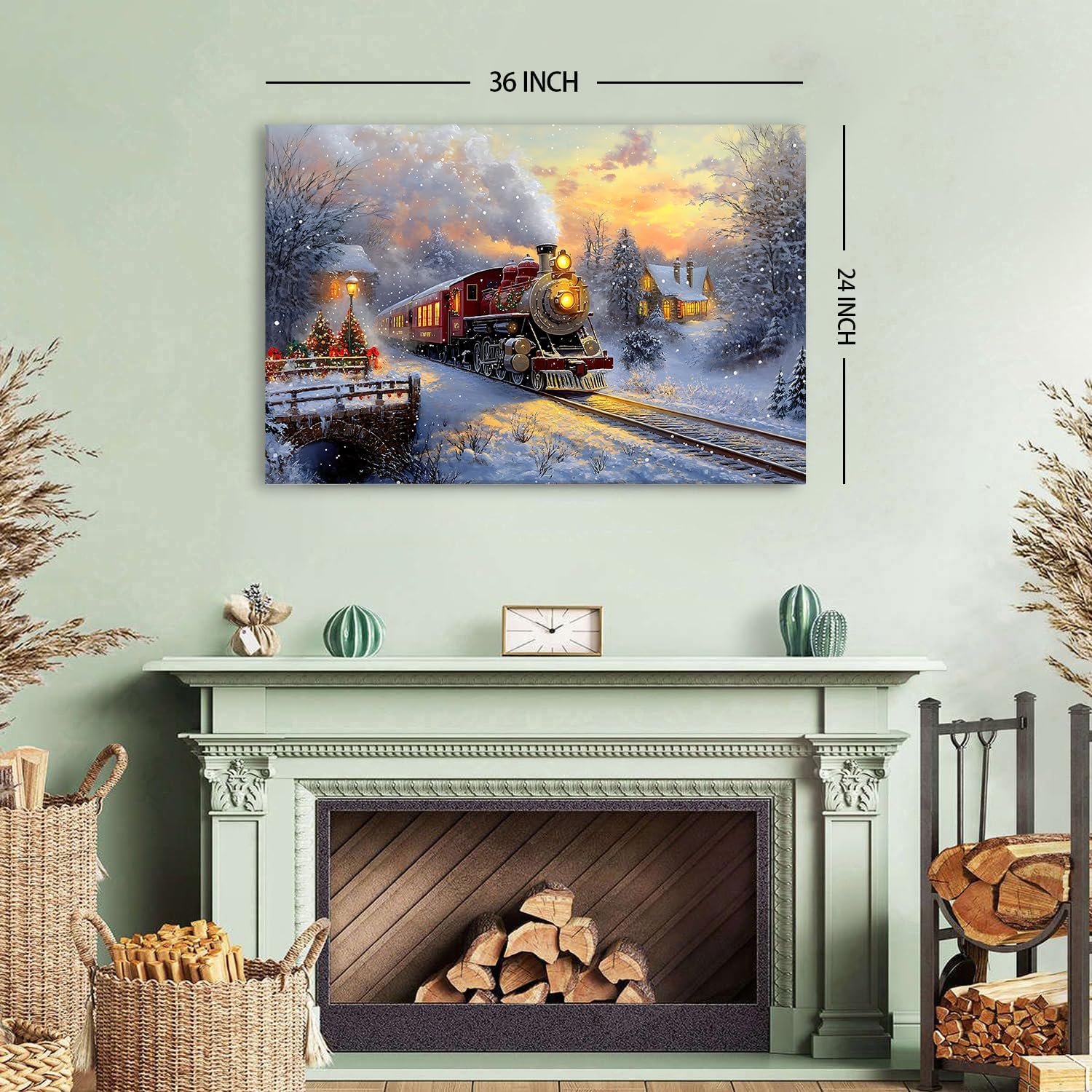 Winter Christmas Wall Art Vintage Red Steam Train Canvas Prints Christmas Tree Poster Rustic Farmhouse Paintings Nature Sunset Landscape Artwork for Living Room Bathroom Home Decoration 24x36"