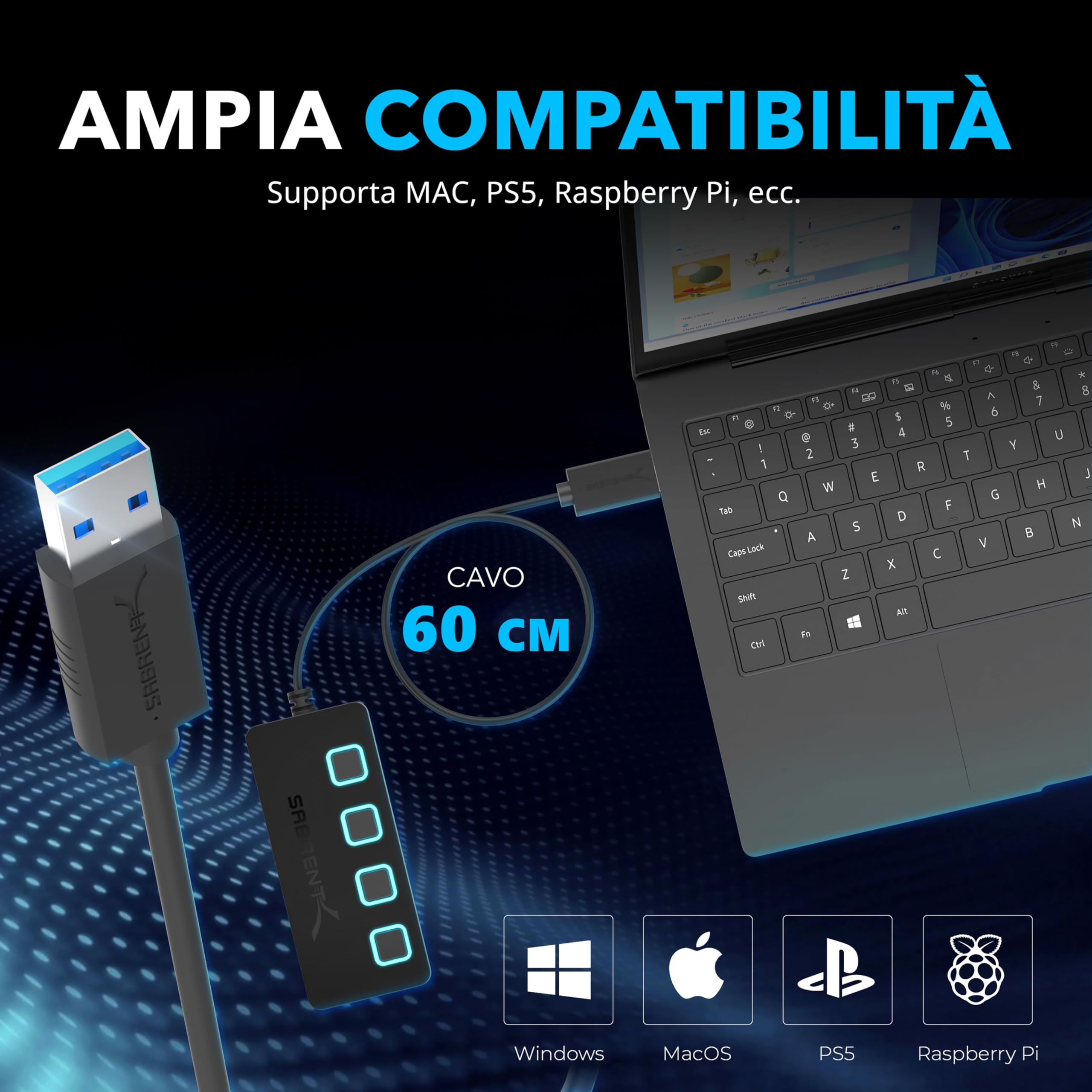 SABRENT Hub USB 3.2 Gen 1 [4 porte], Ciabatta Multipresa USB, Sdoppiatore USB, Singoli Interruttori ON/OFF e Spie LED con Alimentatore, per PS4/PS5, PC, Laptop, Chiavetta USB (HB-UMP3)