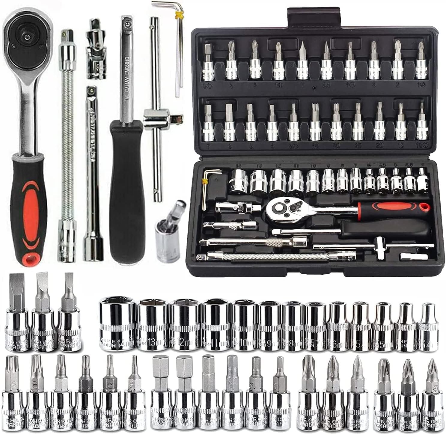 Elisco 46PCS 1/4 inch Drive Socket Set, CR-V Sockets, Extension Bars,S2 Bits, Mechanic Tool Kits for Household Auto Repair (Black)