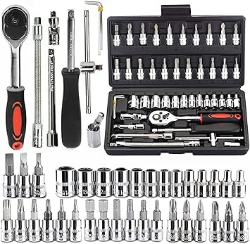Elisco 46PCS 1/4 inch Catron Drive Socket Set, Metric Ratchet Wrench Set with 4-14mm CR-V Sockets, Extension Bars,S2 Bits, Mechanic Tool Kits for Household Auto Repair Black