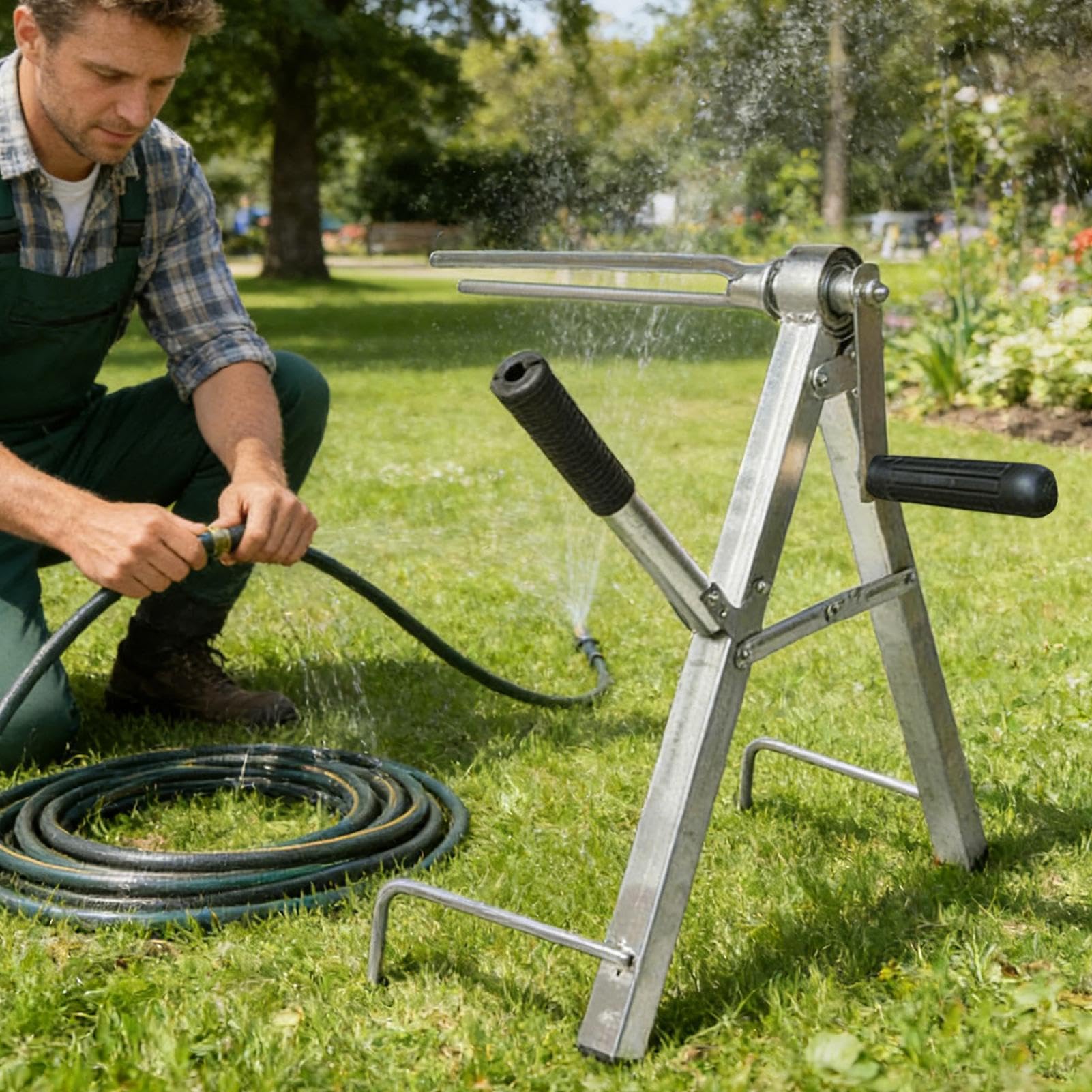 Carrete para manguera de jardín Soporte plegable resistente antideslizante | Almacenador de Manguera para Exterior para Jardín, Garaje, Taller, Césped, Grifo y Piscina