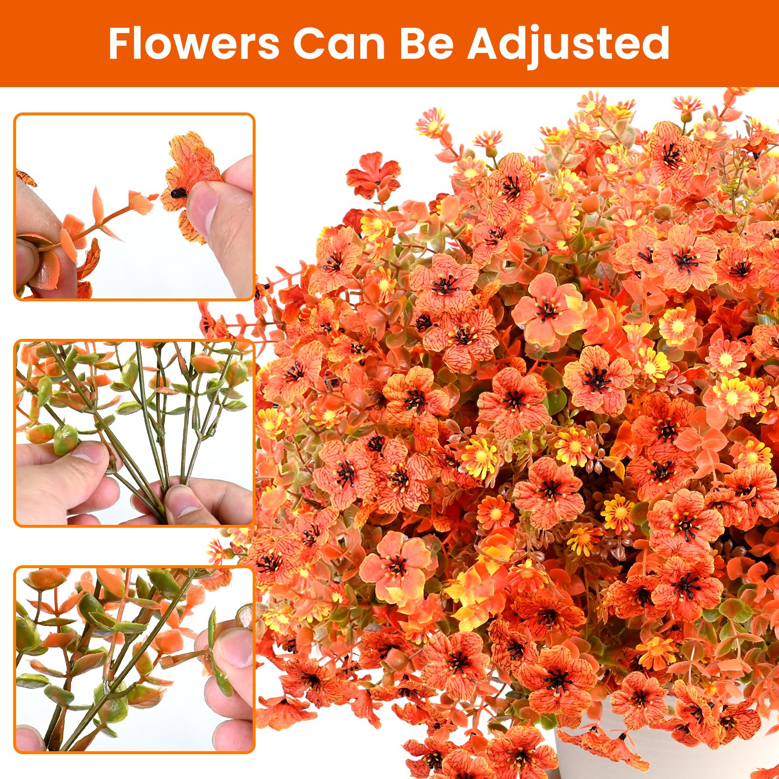 Fiori artificiali autunnali per esterni, interni, giardino, decorazione per la casa, margherita con foglie di eucalipto, piante finte per mamme, verande, verande, patio, 16 fasci (arancione autunnale)