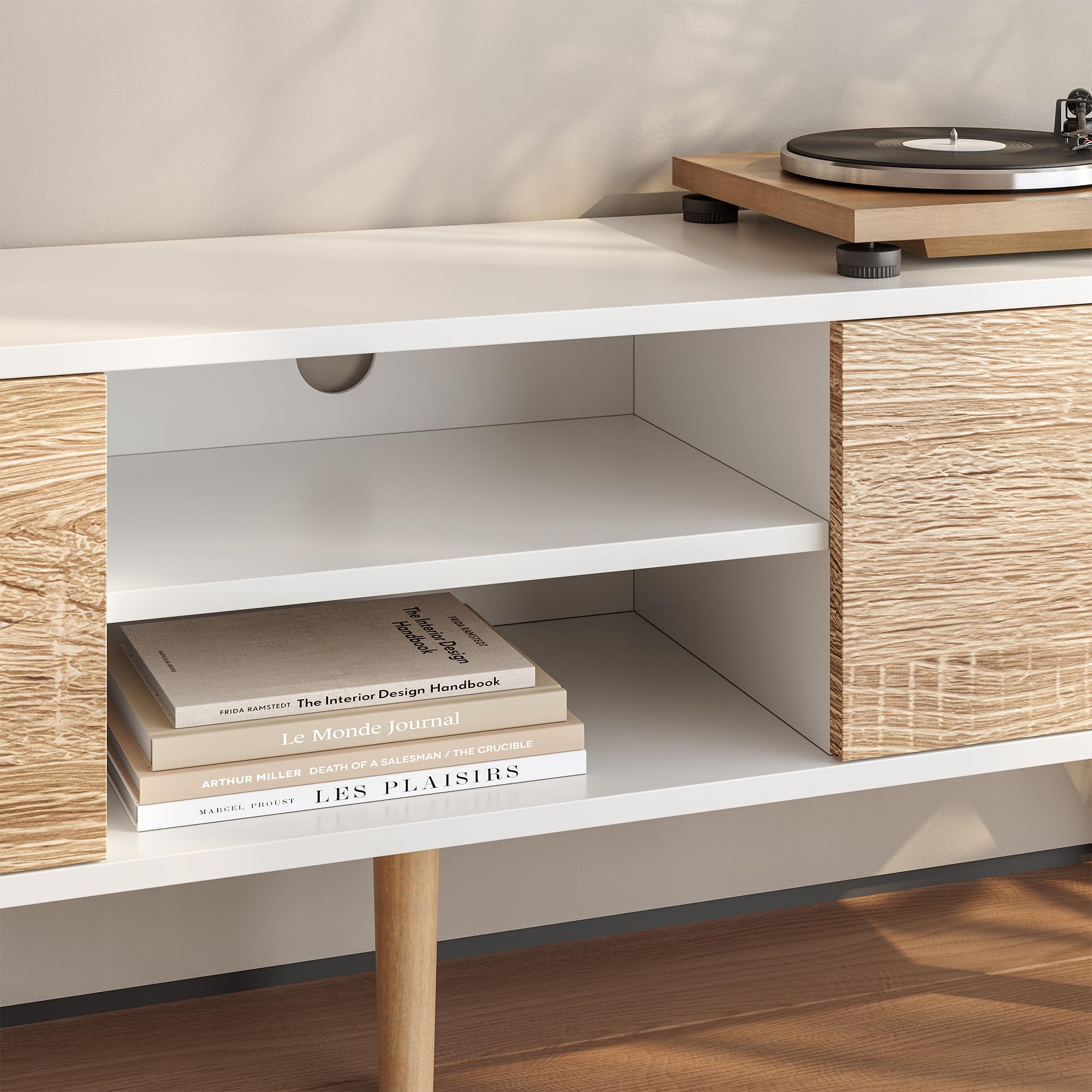 Meuble TV Design Support Télé Banc avec 2 Portes et 2 Étagères Panneau de Particules Mélaminé Pieds en Bois avec Revêtement PVC 120 x 30 x 47 cm Blanc Effet Chêne