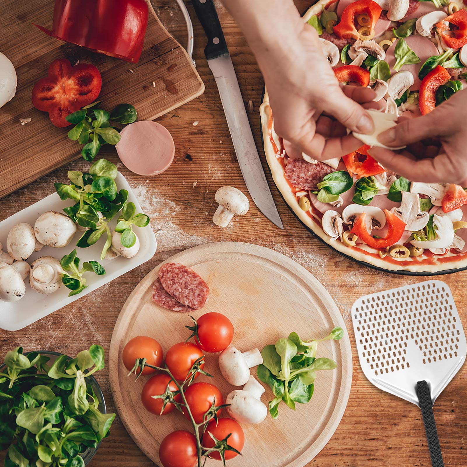 ABOOFAN 1Pc Perforated Pizza Transfer Spatula Square Pizza Peel with Long Handle for Effortless Pizza Movement for Pizza Oven and Baking