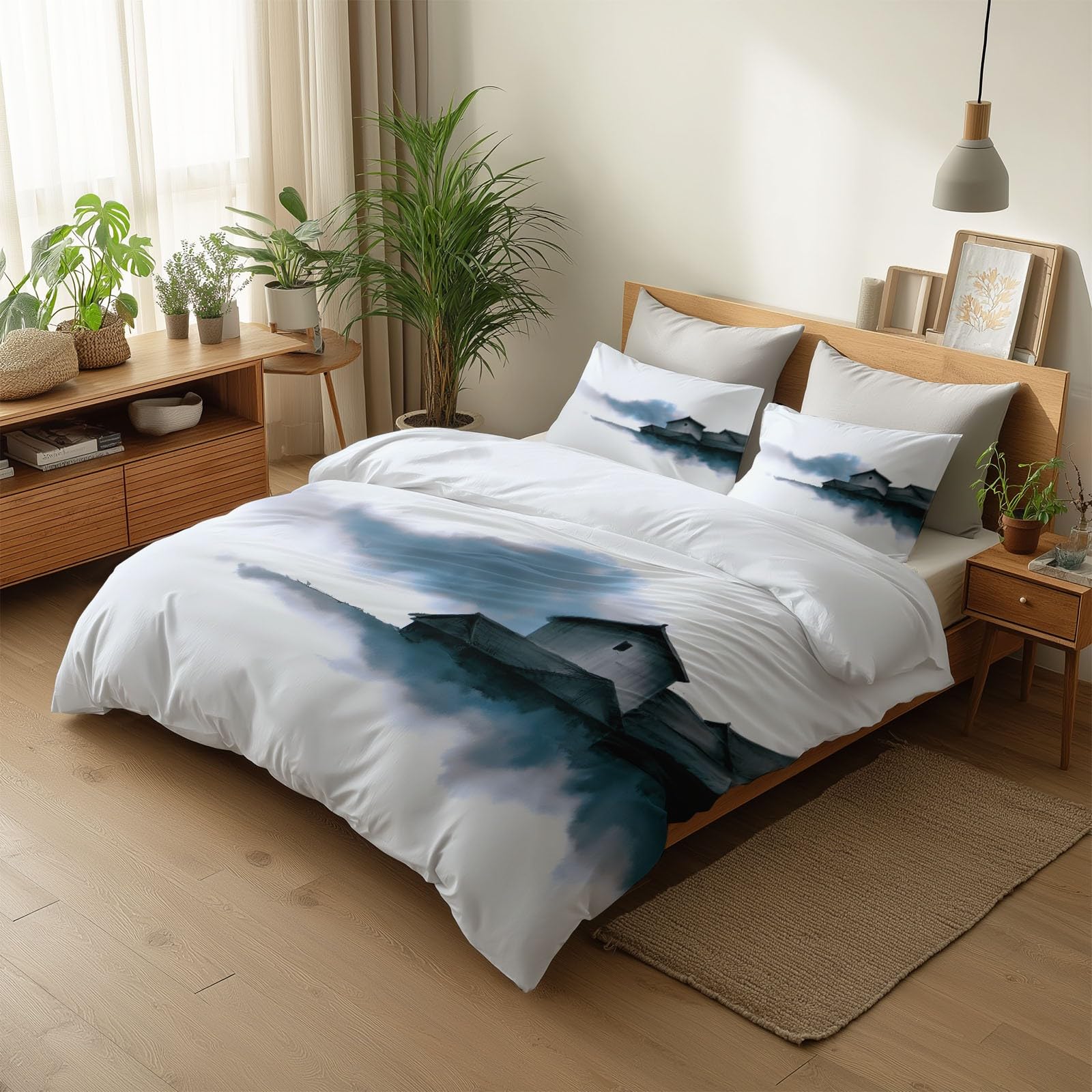 Pościel 200 x 220 cm, chińskie malarstwo tuszem, stare miasto, komplet pościeli 3-częściowej, super miękka pościel z mikrofibry i 2 poszewki na poduszkę 80 x 80 cm, biała
