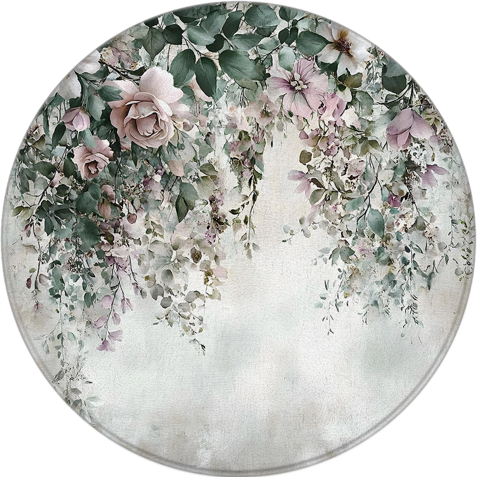 Round Area Rug 2ft Vintage Pink Flower Rustic Floral Sage Green Leaf Country Farmhouse Vine Natural Botanical Circular Mat Floor Carpet for Living