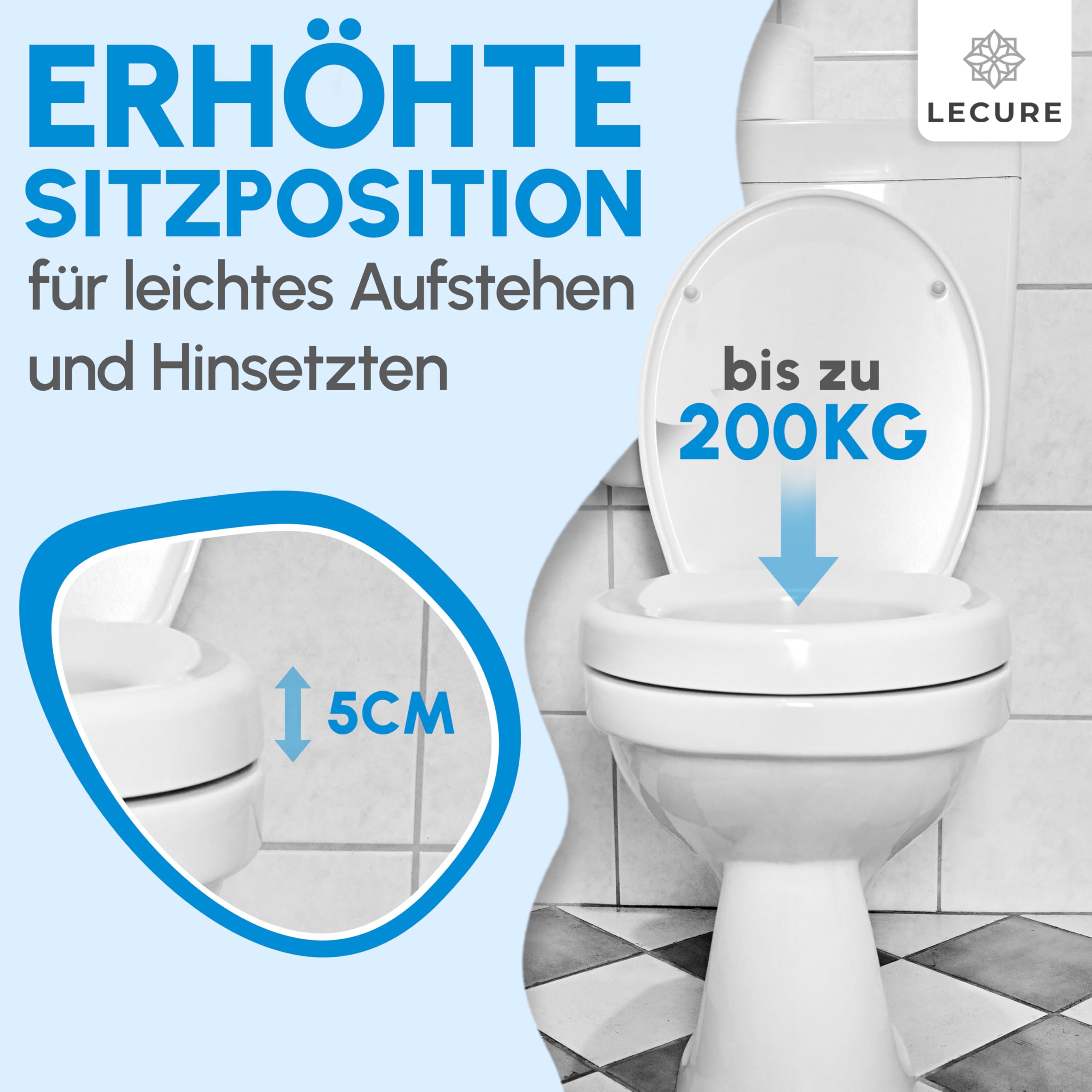 Toilettensitzerhöhung [5cm] - komfortable WC Sitzerhöhung für Senioren und Erwachsene mit Mobilitäts-Einschränkungen [bis 200kg] - passend für alle gängigen ovalen Toiletten