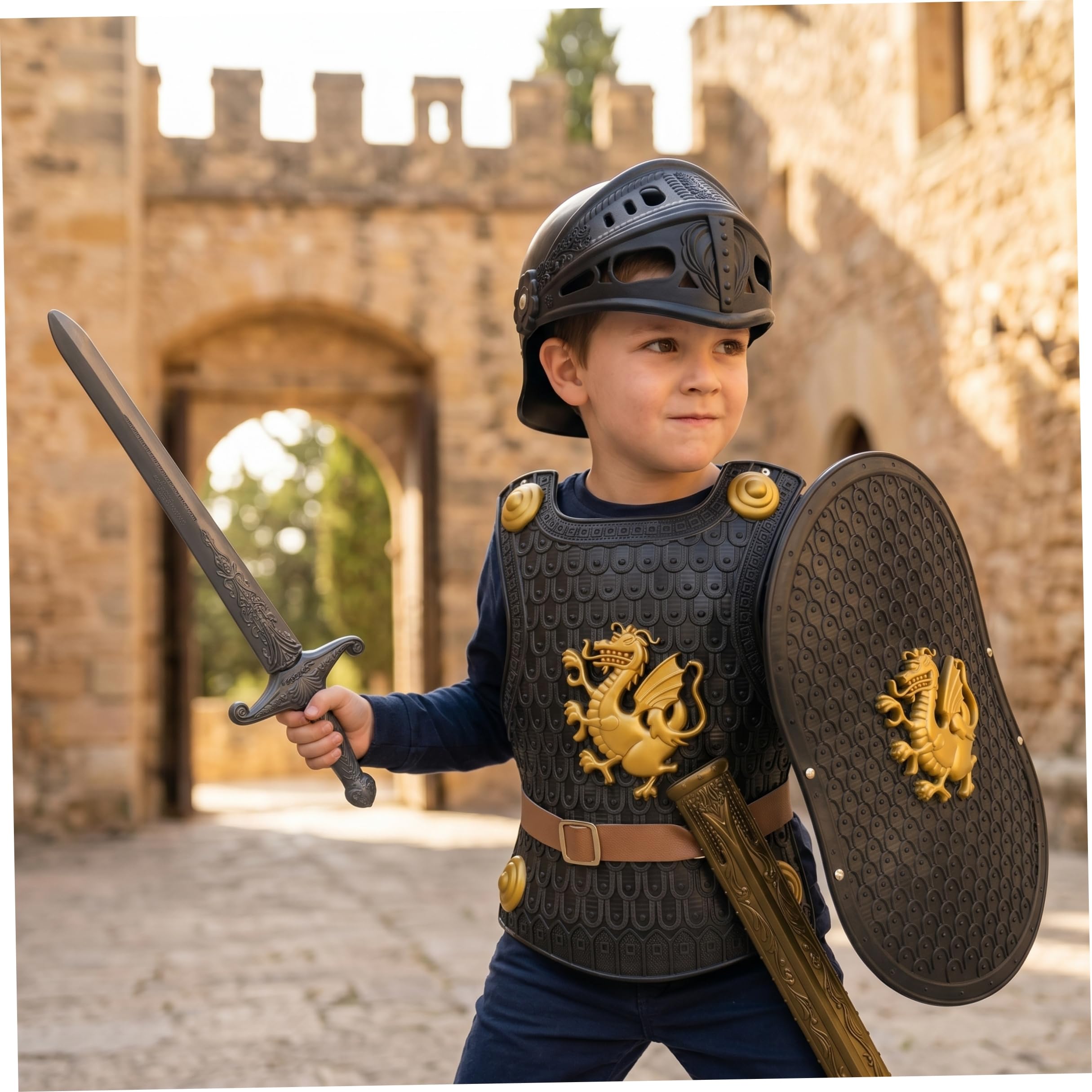 Costume da cavaliere nero per bambini con spada, scudo e elmo, set di armature di Halloween a tema drago