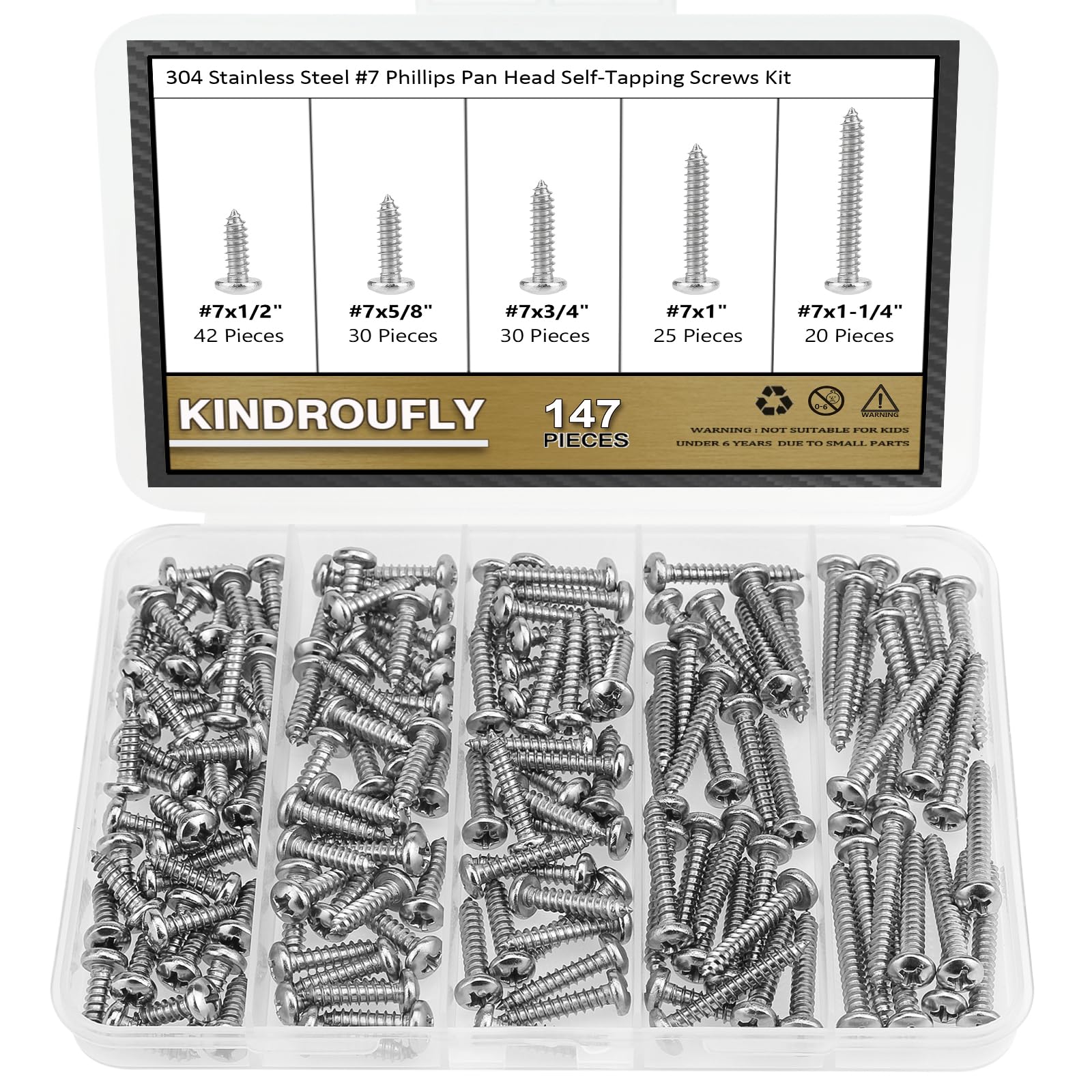 Kindroufly 147 Pieces #7 x 1/2" 5/8" 3/4" 1" 1-1/4" Phillips Pan Head Self-Tapping Screws, Wood Screws Assortment Kit, 304 Stainless Steel