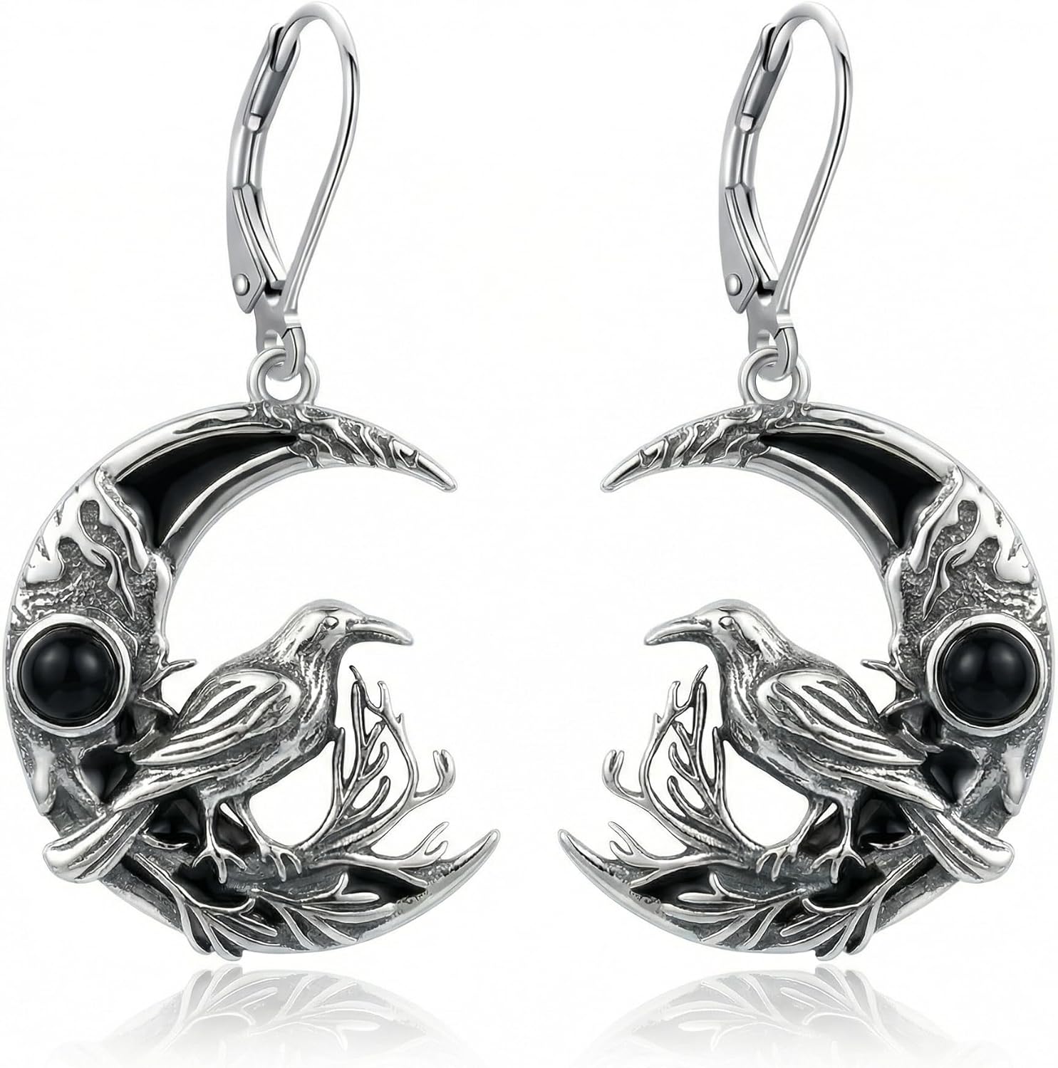 Raven Earrings 18K White Gold Plated Obsidian Dangle Earrings Crow Jewelry Gifts for Women
