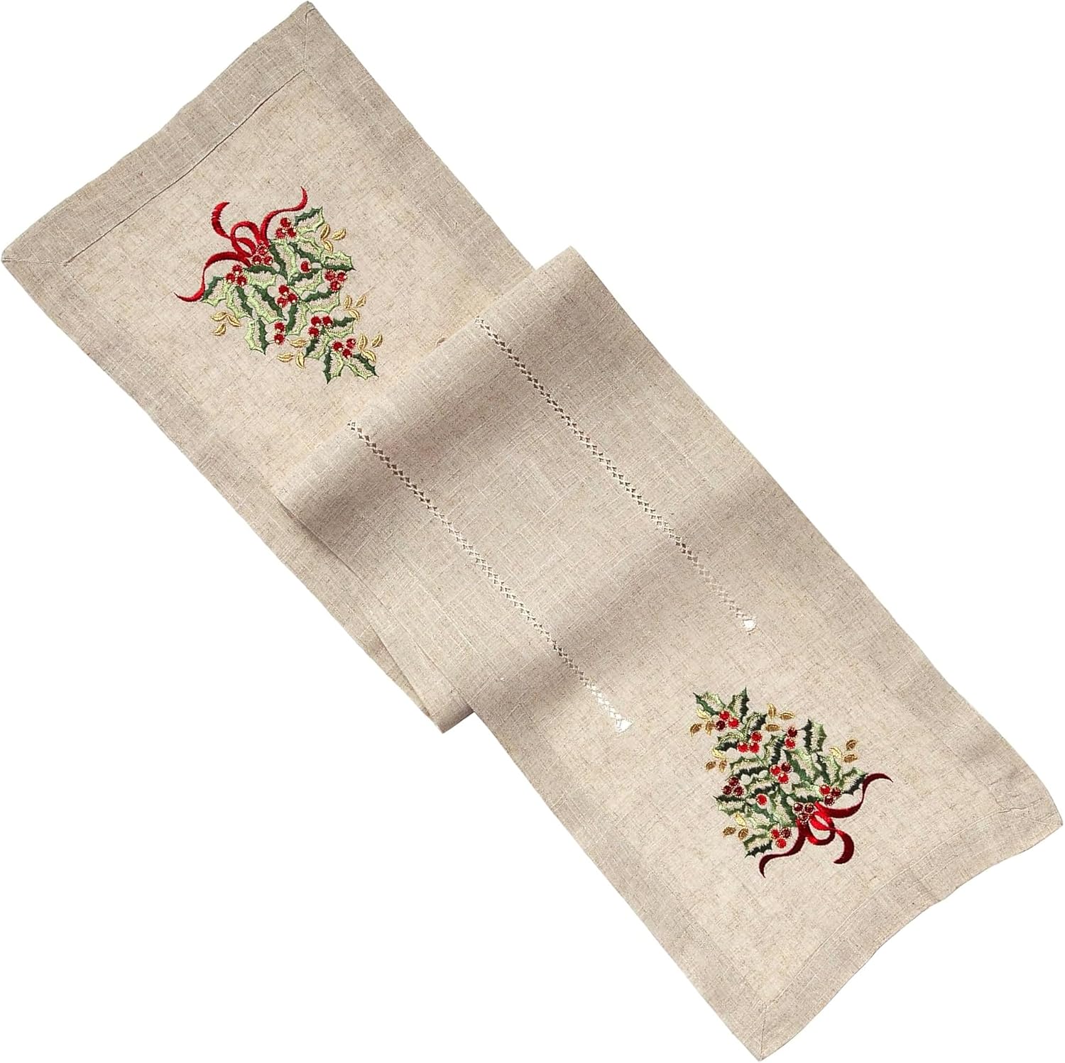 SARO LIFESTYLE Christmas Tree Embroidered Table Runner with Holly Berries & Ribbon, Natural Linen Blend Holiday Table Decor, 16"x108"