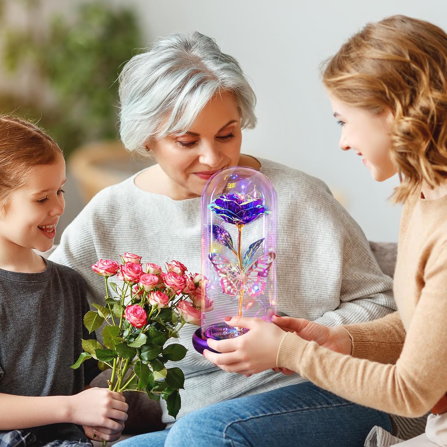 Mothers Day Flowers Gifts for Mom Women Birthday Gift Galaxy Glass Rose Forever Eternal Crystal Flowers Rose in Glass Dome with Butterfly Mother's Day Roses Gifts for Mom Daughter Wife Grandma Purple