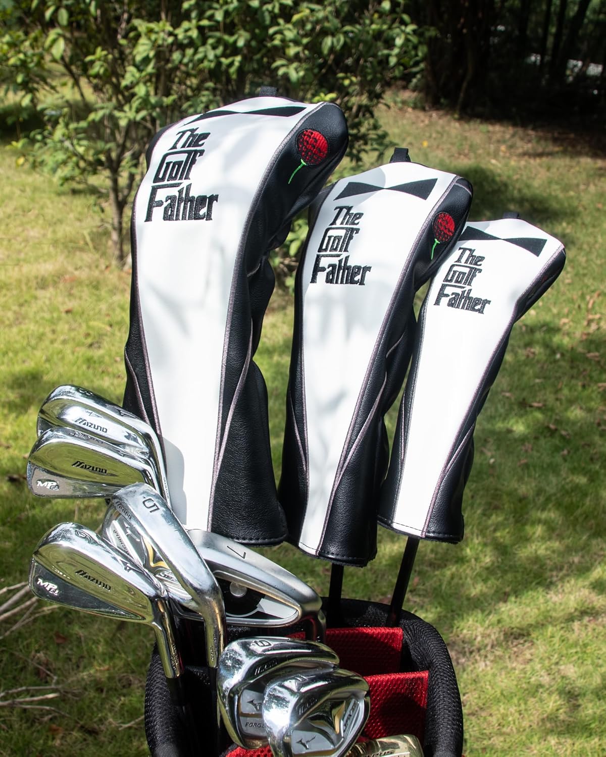The Golf Father Funny Golf Club Covers, Driver Fairway Wood Hybrid Headcover, Mallet Putter Covers Blade Headcovers Putter Cover Magnetic, Black and White Color Iron Covers for Most Brands