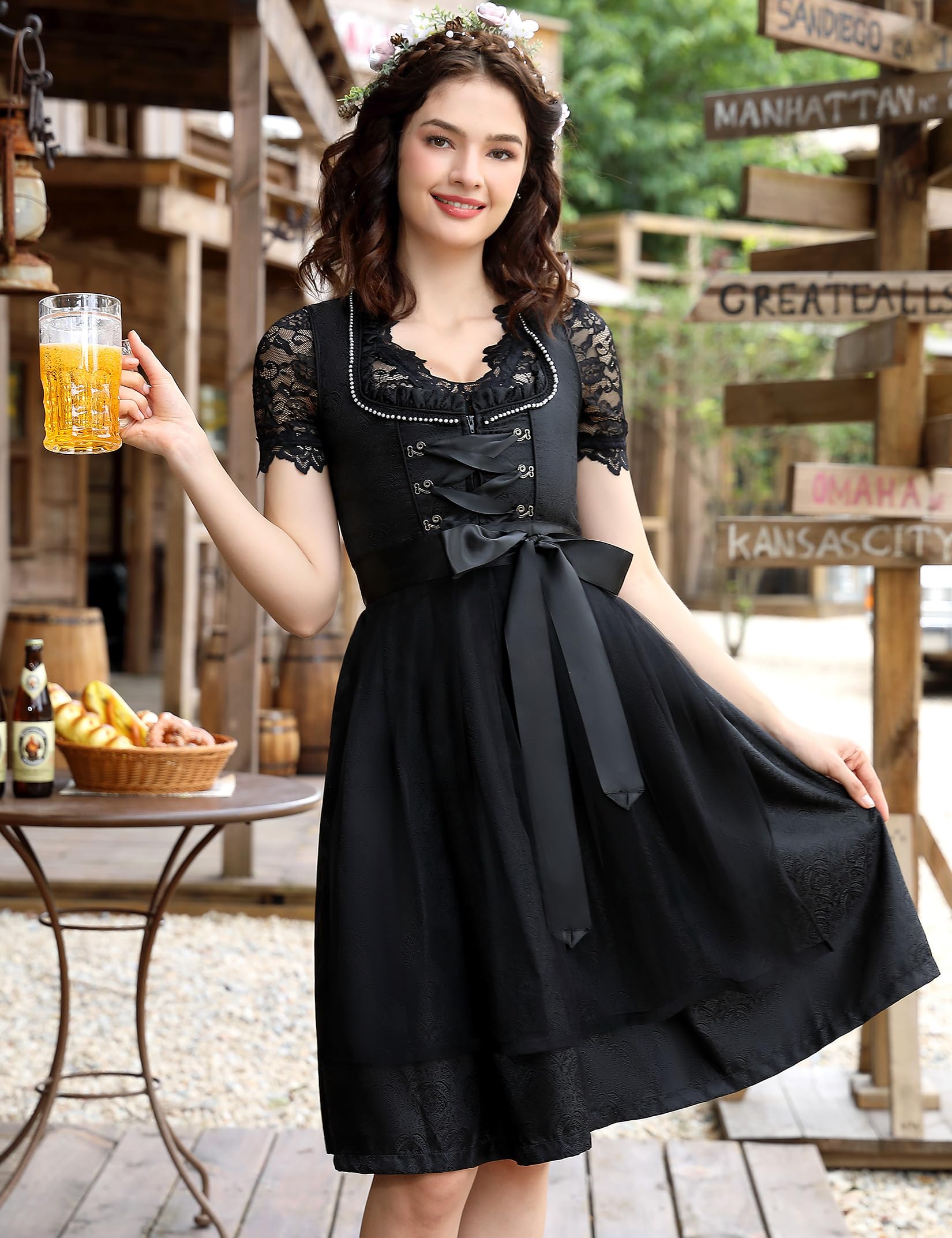 KOJOOIN Kurz Dirndl Damen 3Tlg. Trachtenkleid Midi für Oktoberfest mit Spitzenschürze