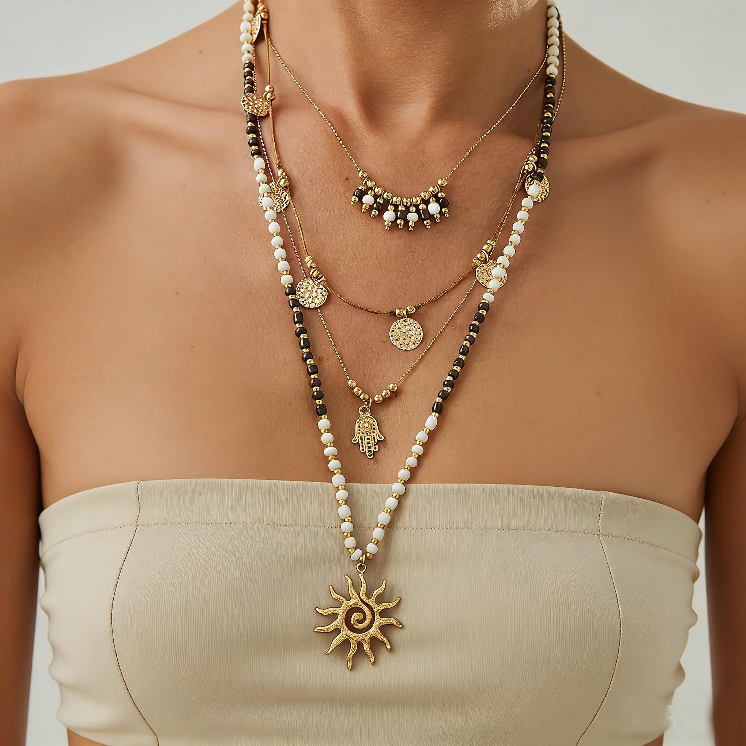 Boho Necklace Layered Western Necklaces for Women Bohemian Turquoise Beaded Necklaces Gold Coin Sun Pendant Necklace Country Concert Western Jewelry Set Cowboy Cowgirl Accessories