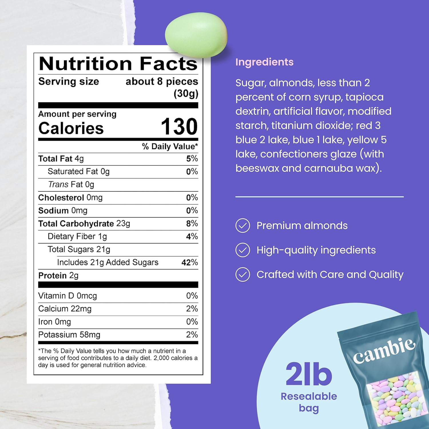 Cambie Jordan Almonds Candy - 2 Pounds of Premium Roasted Almonds in Pastel Assorted Colors for Weddings, Celebrations, Holidays, and Parties - Packaged in a Resealable Pouch