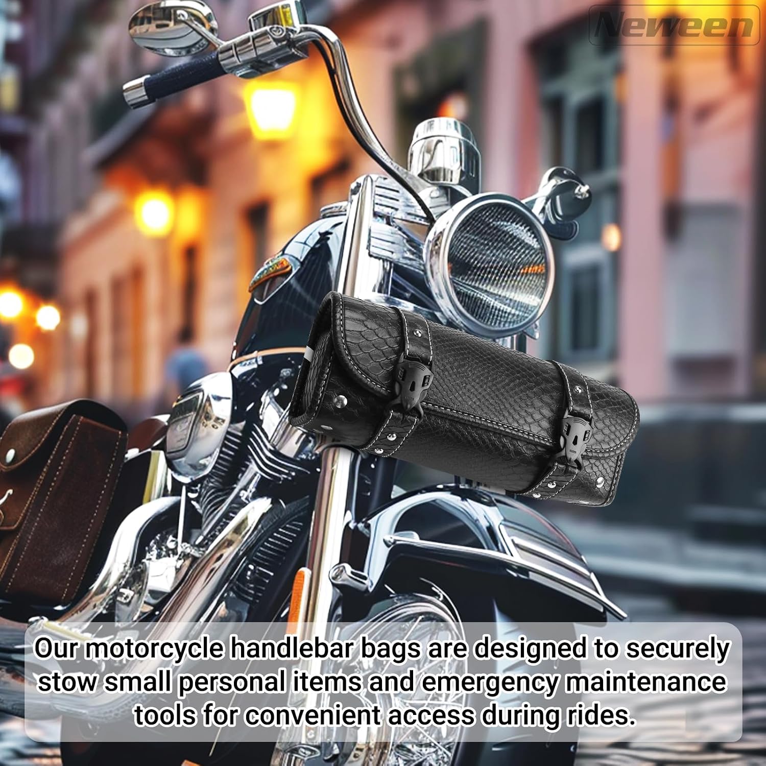 Neween Motorcycle Tool Bag, Motorcycle Fork Bag PU Leather Universal Saddlebag Front Fork Handlebar Sissybar Storage Roll Pouch for Sportster, Scooter (Large, Black Crocodile)