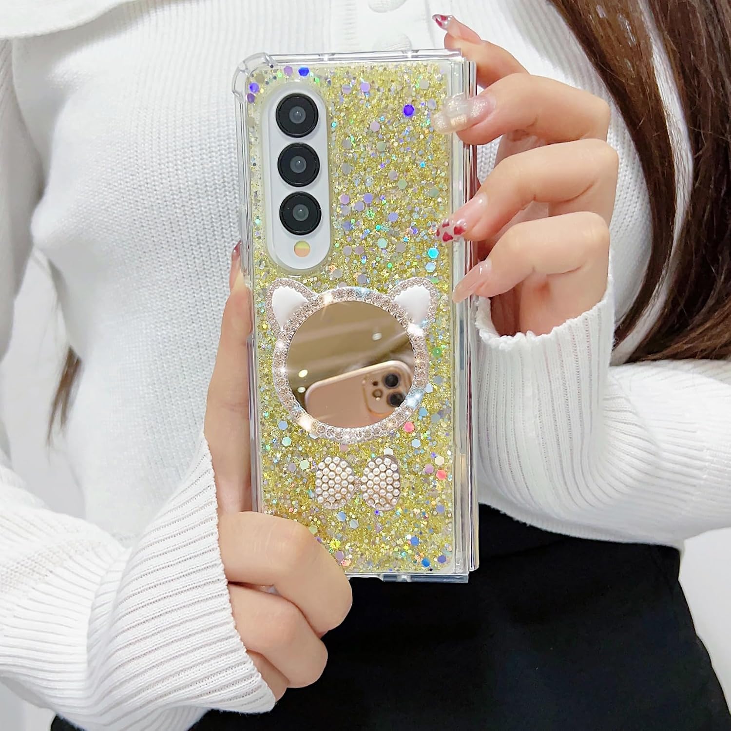 for Samsung Galaxy Z Fold 3 Mirror Makeup Case Luxury for Women Girls Design Cute Cat Ears 3D Fancy Bling Glitter Slim Protective Silicone Cover Phone Skin,Gold