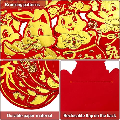 Miniatura 3 de ADXCO 24 sobres rojos de Año Nuevo chino 2023 sobres de dinero de la suerte de la suerte paquetes rojos de conejo de dibujos animados en forma de