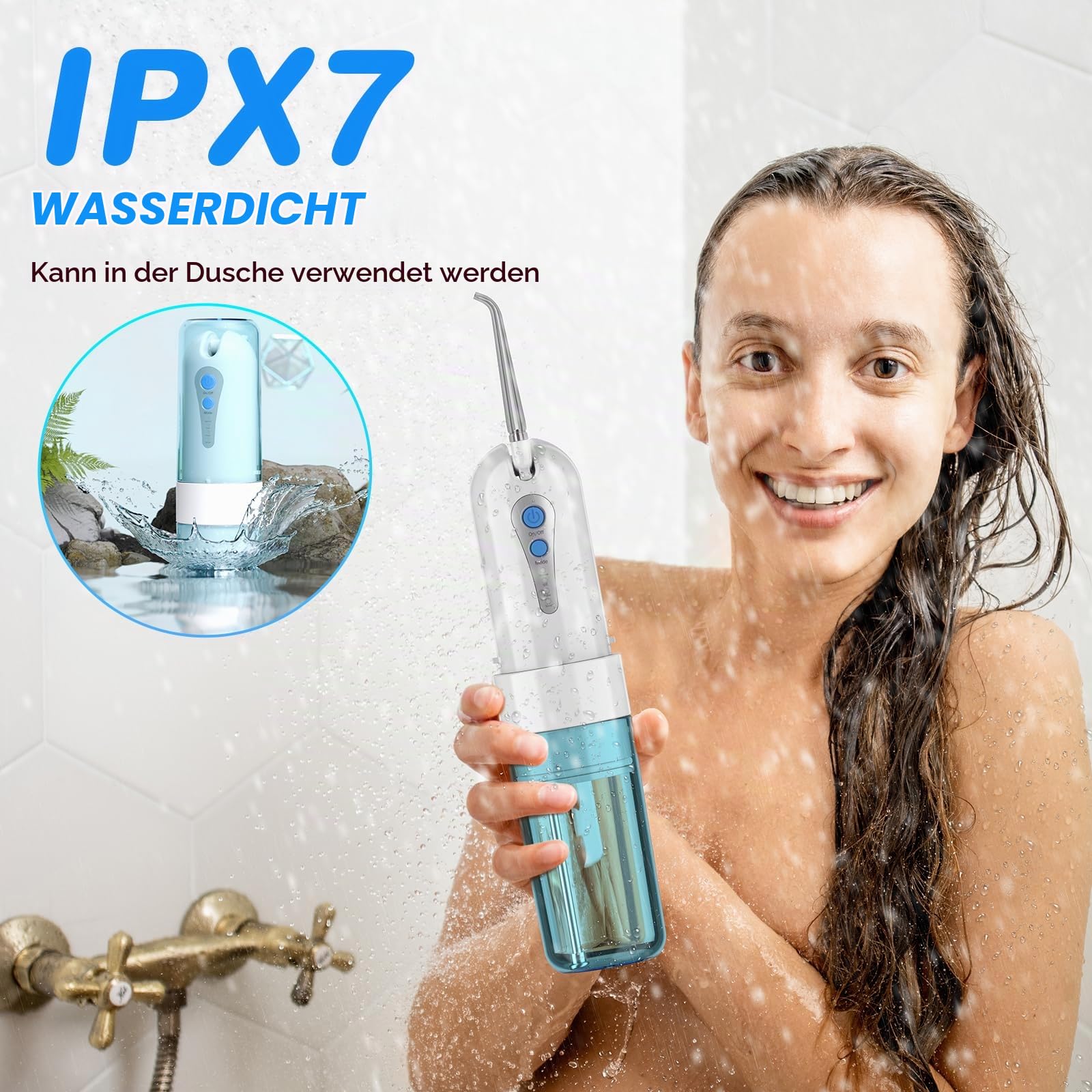 Munddusche Kabellos, Tragbarer Mini-Wasserzahnreinige mit Etui, 4 Modi und 5 um Ersatzdüsen, Elektrische Zahnreinigung, IPX7 Wasserdicht für Zuhause und Reise (Blau/Weiß)
