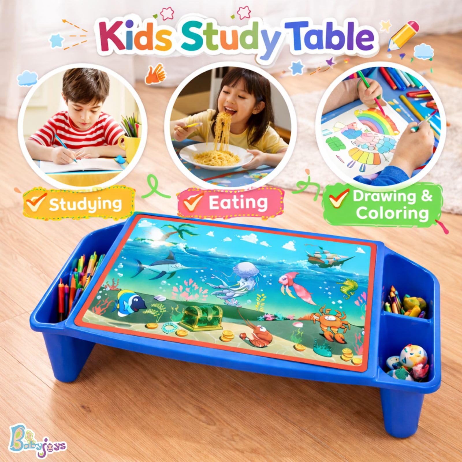 Babyjoys Multipurpose Plastic Study Table with Side Storage β Kids Activity & Laptop Table with Elegant Scenery Print (Blue) 2