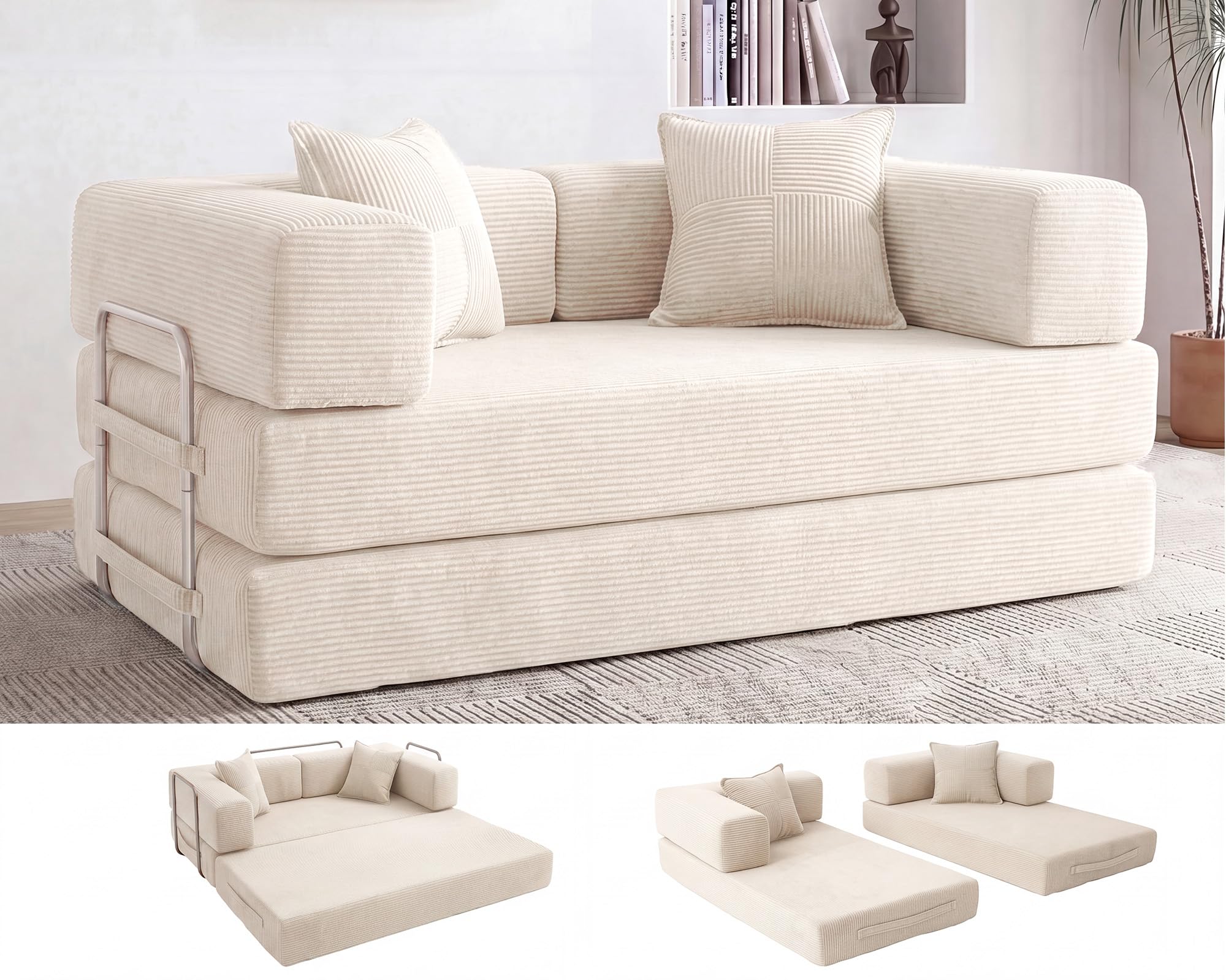 Vipbear Sofá Cama 2 Plazas, 180cm Modular Versátil Sofá Convertible 5 en 1 | Alta Densidad Espuma Viscoelástica Sofá Cama para Apartamento, Seccional sin huesos, Apto para Mascotas, sin Montaje, Beige