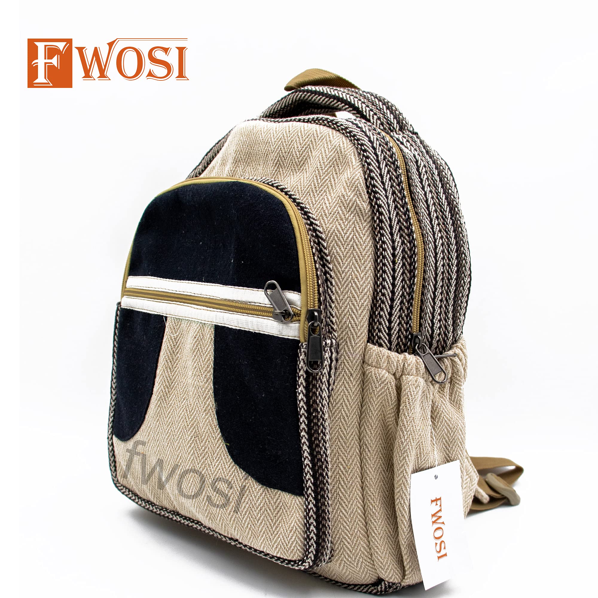 Fwosi - Mochila tejida – Bolsa de cáñamo para la universidad, senderismo y viajes – Ligero, multibolsillo, 5 compartimentos para accesorios diarios – Artesanía de Nepal