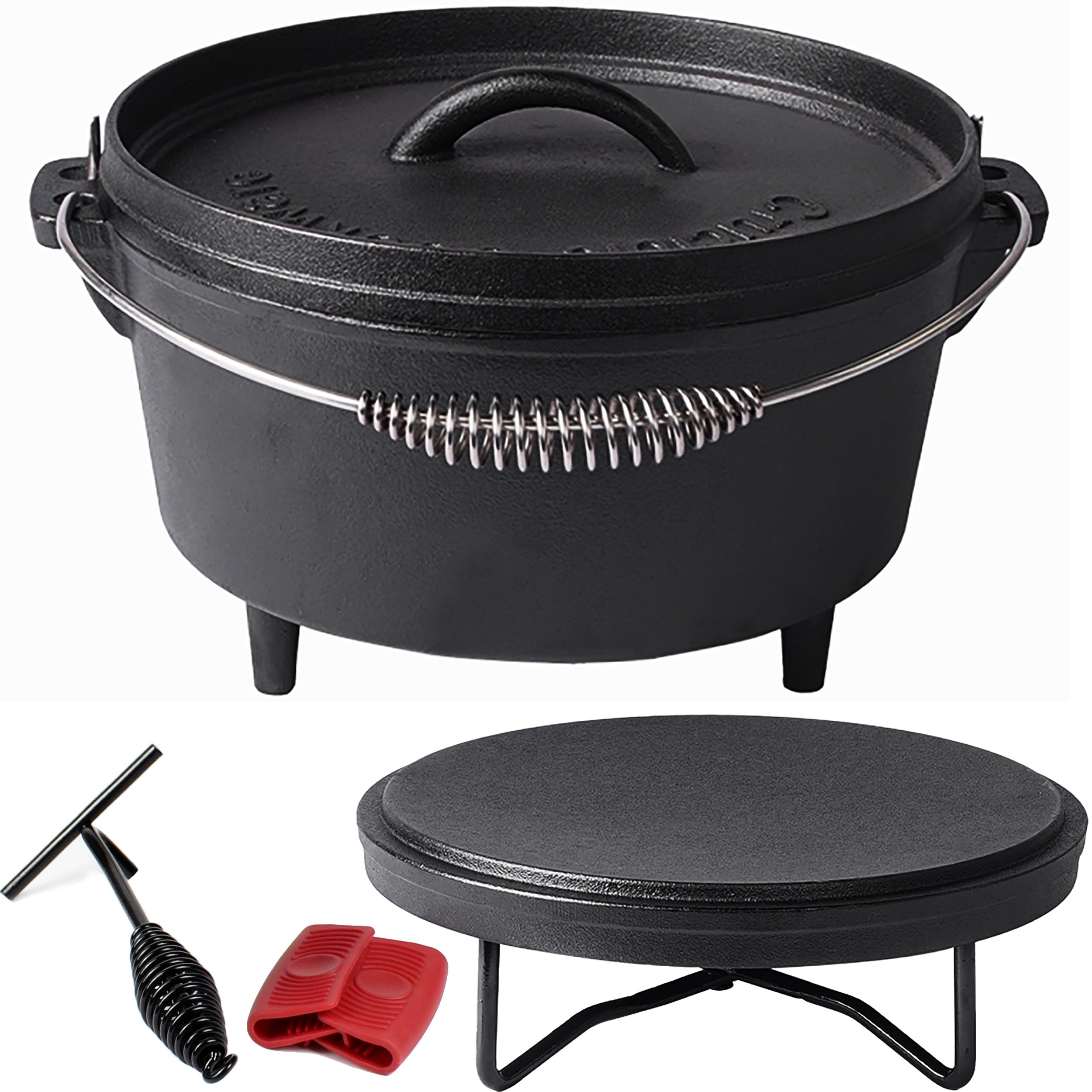 Crucible Cookware 4.1 quart pre-seasoned cast iron camp Dutch oven with lid lifter and lid stand