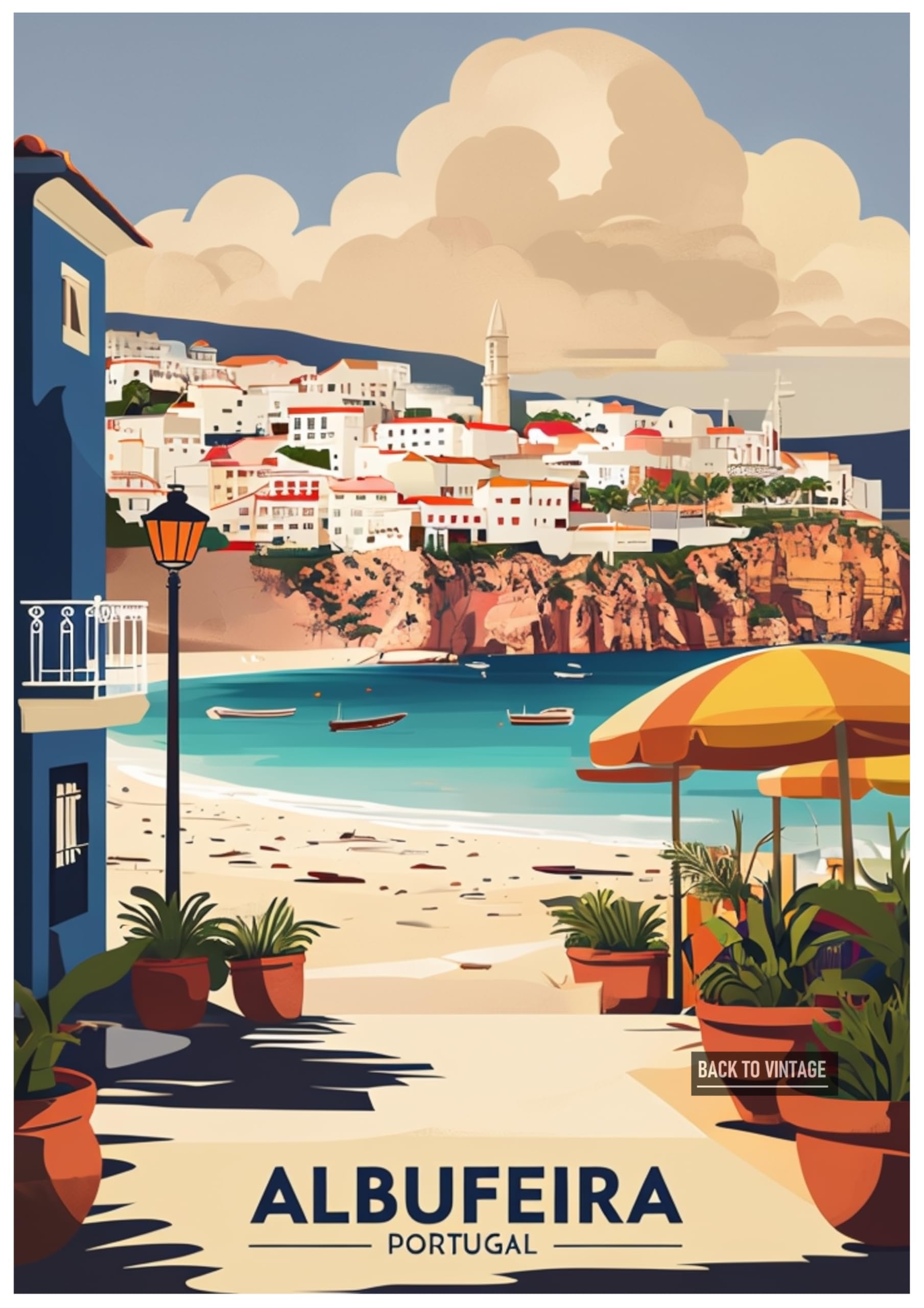 Back To Vintage Multicoloured Vintage Travel Poster Depicting Serene Albufeira Beach Scene - Retro Europe Travel Poster A4 Size Vintage Wall Art Print Of Famous European Destinations Ideal For Home Or Office Decor