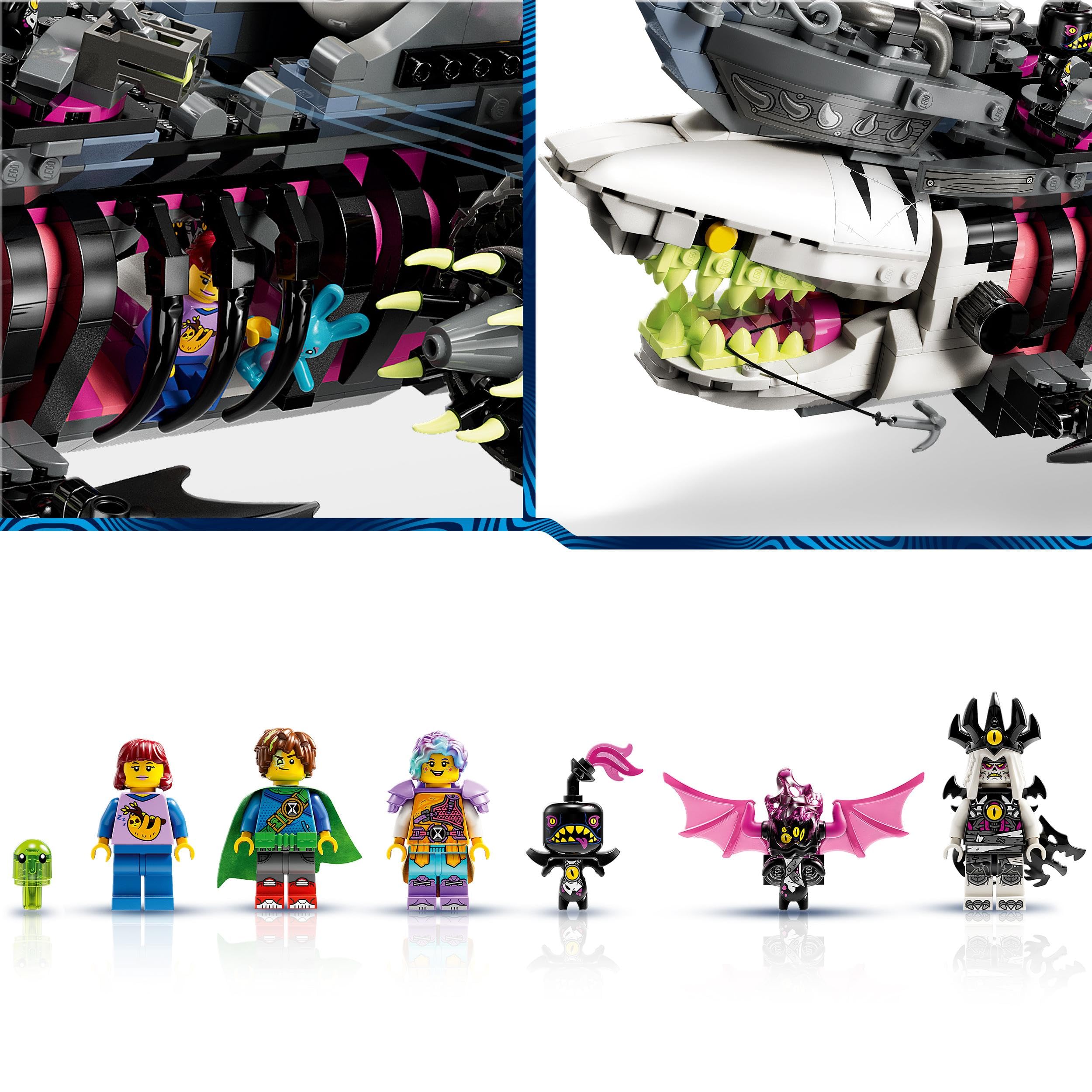 LEGO DREAMZzz 2 in 1 Nave-Squalo Nightmare, Nave Pirata Giocattolo da Costruire in 2 Modi, Giochi per Bambini e Bambine, Barca dei Sogni con Minifigure di Mateo, Izzie, Nova e del Re dell'Incubo 71469