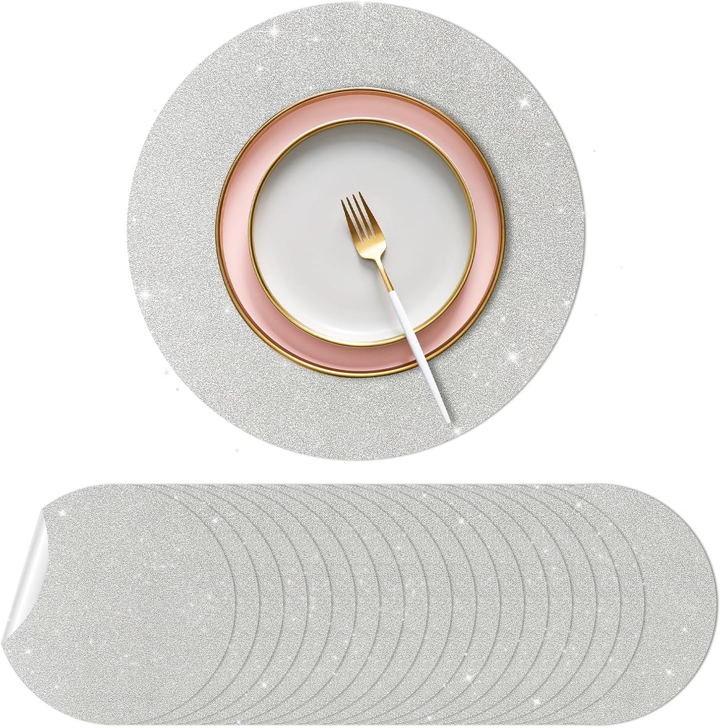 WHATWEARS 50 Pcs Glitter Placemats 12.5" Silver Sparkle Placemats Round Disposable Table Mats