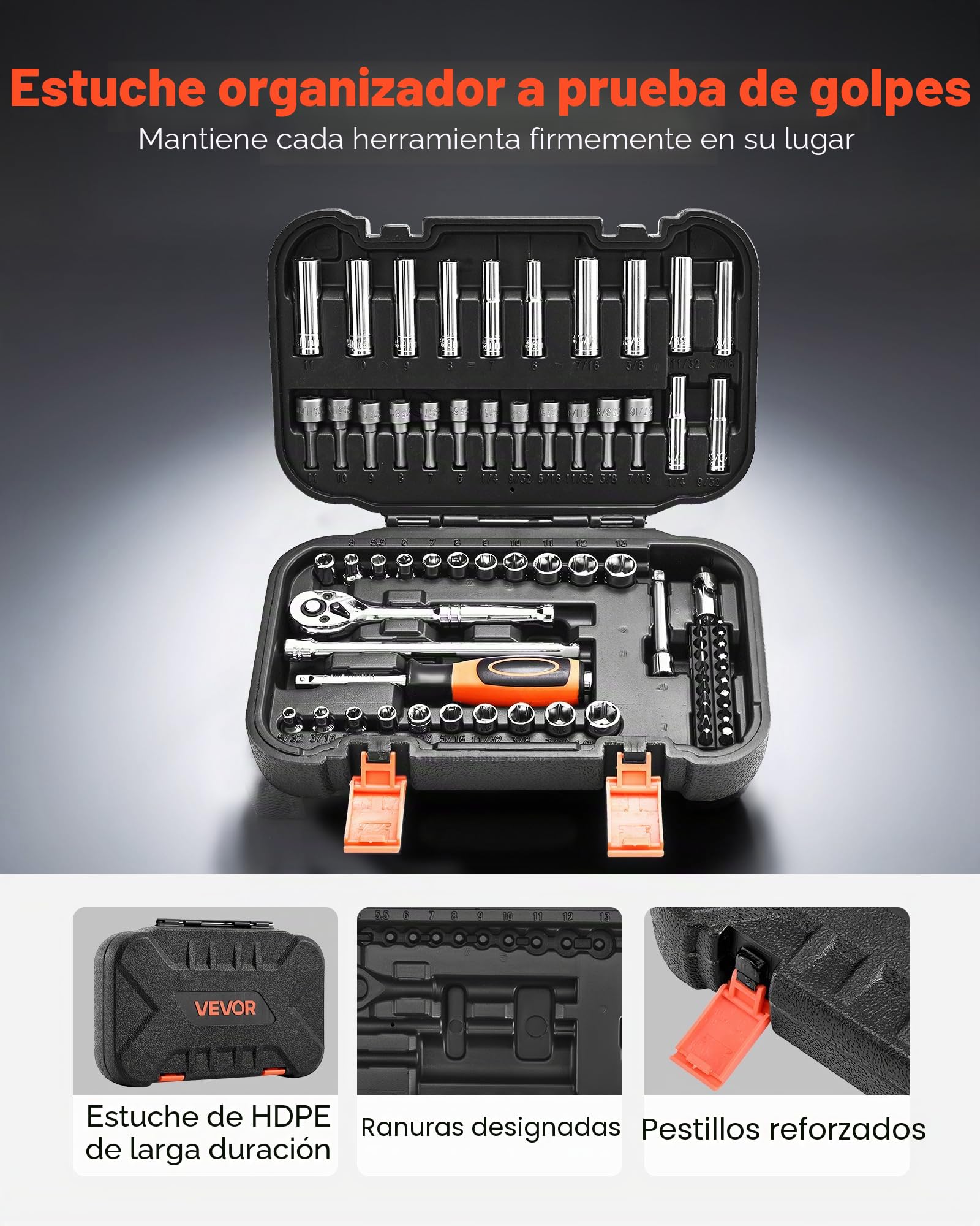 VEVOR Juego de Llaves de Vaso 70 uds, con Llaves de Trinquete, Accionamiento 6,4 mm, SAE y Métricas, con Puntas y Accesorios, Estuche de Almacenamiento, Acero de Aleación CR-V, 257 x 172 x 57 mm