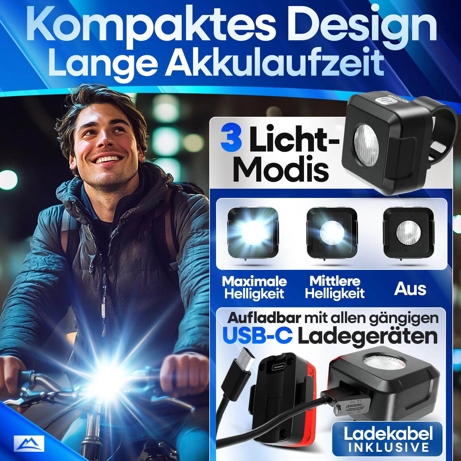 NEXTCOVER® Fahrradlicht Set mit [VisionOne] I LED Set USB-C aufladbar & wasserdicht I StVZO zugelassen I Fahrrad Licht vorne I Fahrradlampe & Fahrrad Rücklicht, Fahrradbeleuchtung Akku, Licht Fahrrad