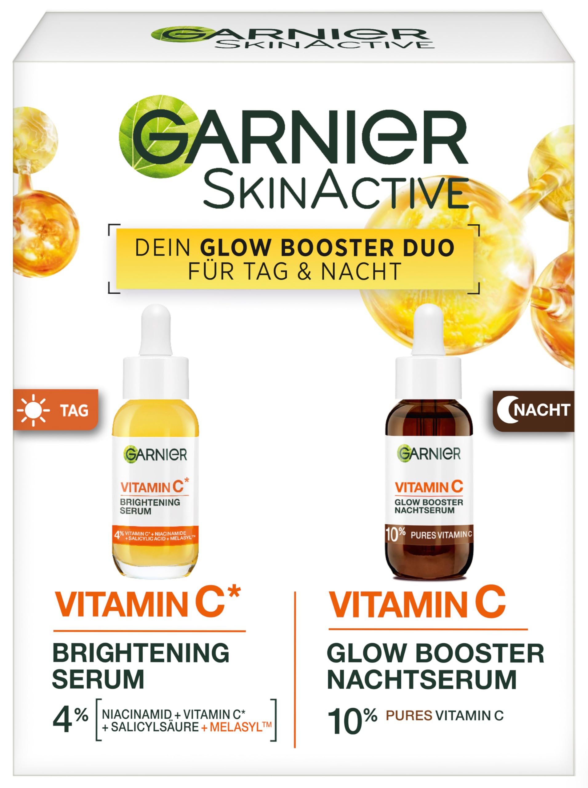 Garnier Vitamin C Serum Set für Tag & Nacht – Anti-Pigmentflecken Gesichtspflege mit 4% Niacinamid + Salicylsäure (Tag) & 10% reinem Vitamin C (Nacht) – Für strahlende Haut & Glow – 2x 30ml