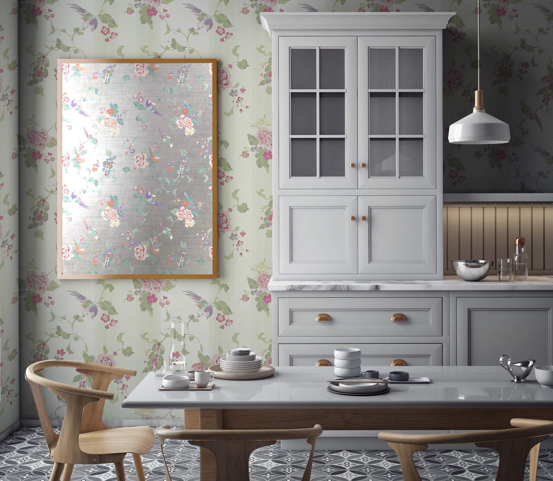 Amazon | メタリックホイルシノワズリーシルバー壁紙ピンクパープル