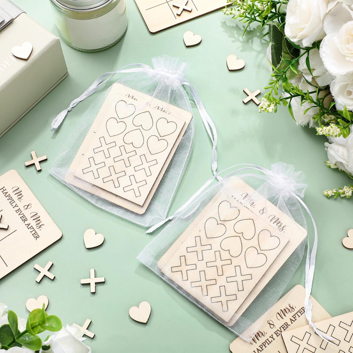 24 Set Wedding Favors Wedding Games for Guest Wooden Tic Tac Toe Mini Board Games with Organza Bags 3.54 x 2.76 Inches Mr and Mrs Happily Ever After for Guest Bridal Shower Party Favors