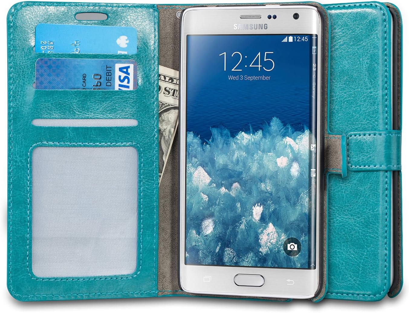 Galaxy Note Edge Case, J&D [Stand View] Samsung Galaxy Note Edge Wallet Case [Slim Fit] [Stand Feature] Premium Protective Case Wallet Leather Case for Samsung Galaxy Note Edge (Aqua)