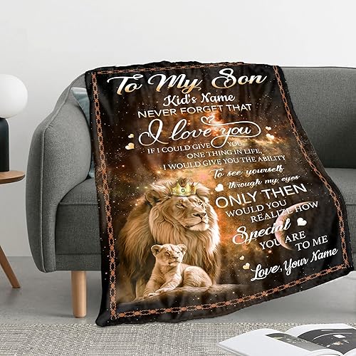 Miniatura 4 de Manta personalizada de león con nombre, regalo para hijo de mamá para cumpleaños de hijo con aliento positivo y valiente, para sofá, dormitorio,