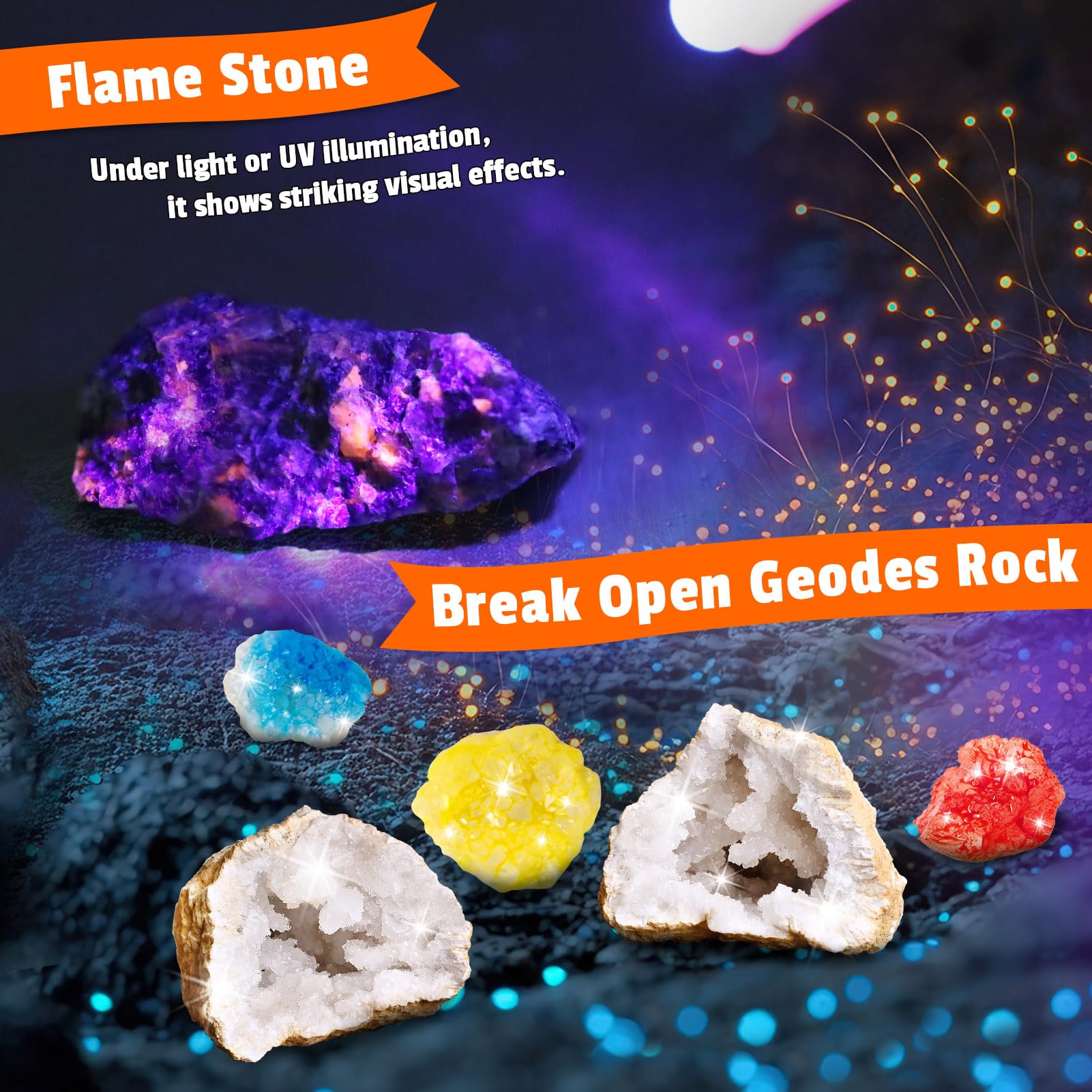 UNGLINGA Set di scavo di gemme per bambini, ragazzi e ragazze – Idea regalo per il compleanno con 15 vere gemme e fossili, incluso attrezzo, giocattolo educativo di geologia S.T.E.M