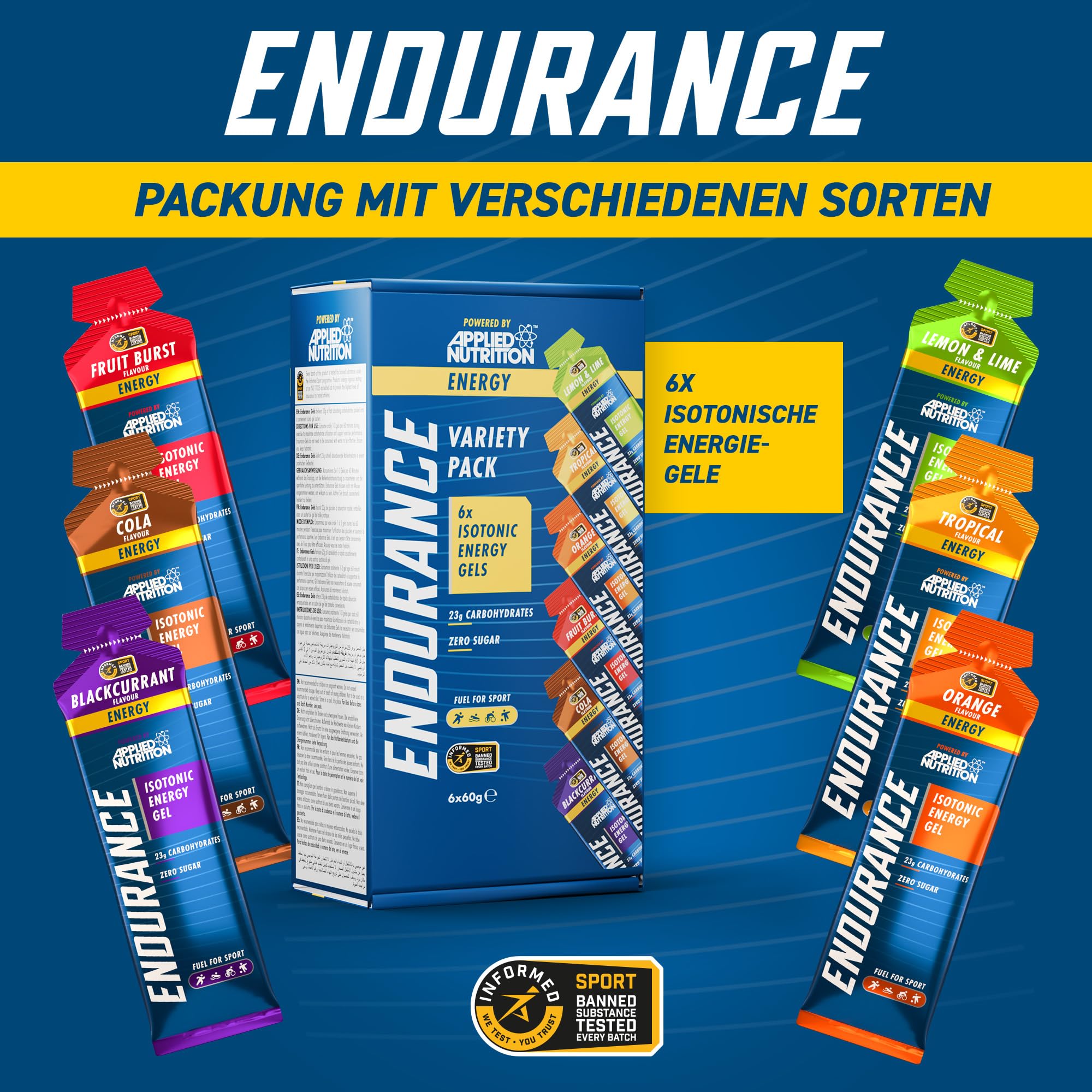 Applied Nutrition Isotonic Energy Gel | Performance-Enhancing Formula | Zero Fat Zero Sugar | 23g Carbohydrates Caffeine Free Sportgel (Pack of 6 x 60g) (Variety Pack)