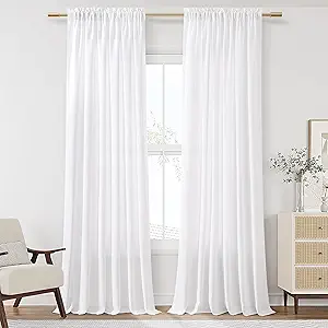Guken White Linen Curtains 90 Inch Length for Living Room Bedroom 2 Panels Set Rod Pocket Light Filtering Semi Sheer Window Curtains 52 Inch Width Boho Farmhouse Linen Drapes, W52xL90