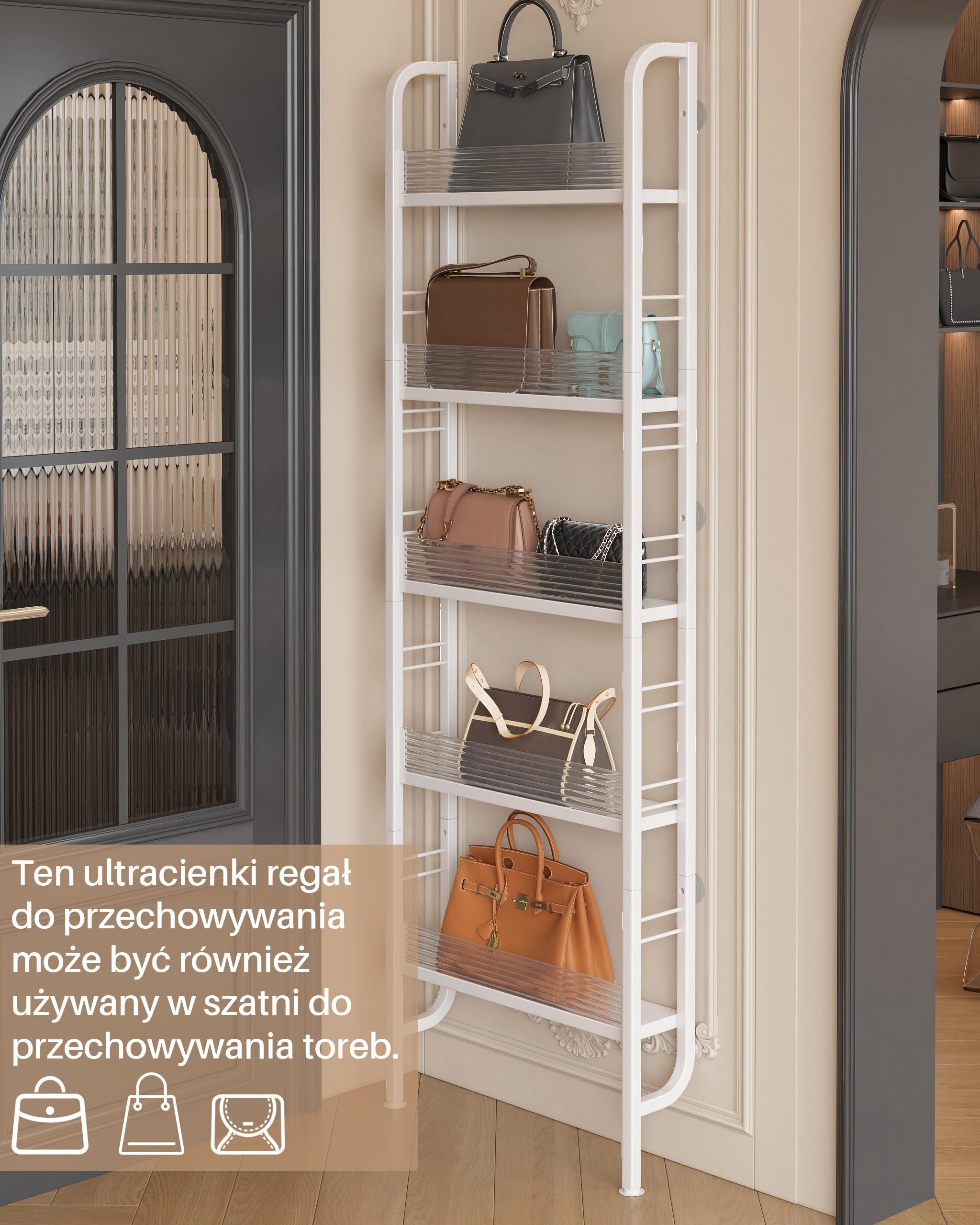 WąSka Metalowa PółKa z 5 PółKami | WąSka PółKa łAzienkowa, do Kuchni, łAzienki, Sypialni, Pokoju DziecięCego, BiałY