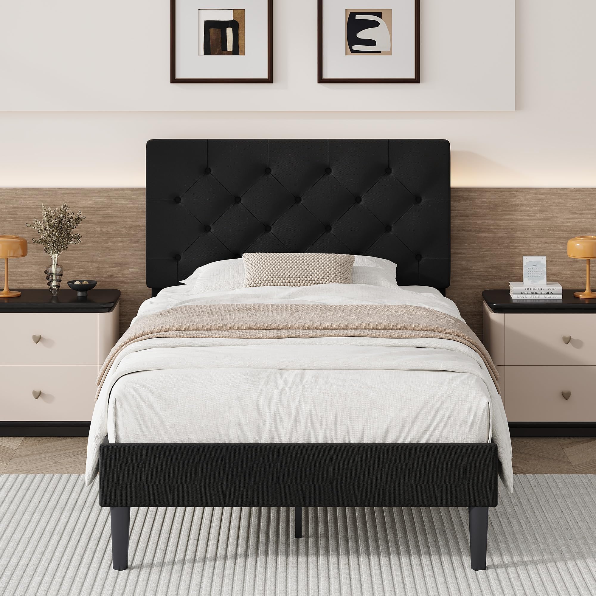 BarnFurin Twin Bed Frame, Upholstered Platform Bed with Button Tufted Headboard, Fabric Bed Frame with Wooden Slats Support, No Box Spring Required,