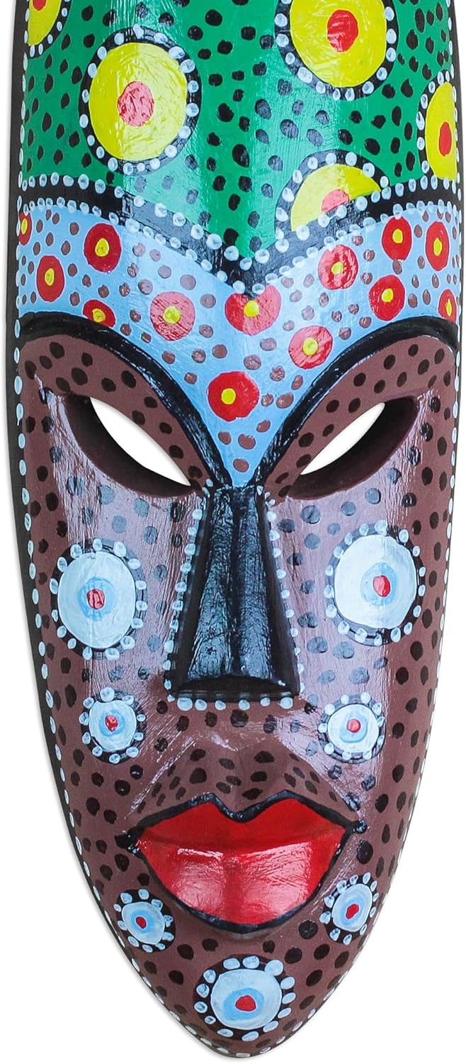 NOVICA Artisan Handcrafted African Wood Mask Painted Ghana Multicolor Masks Ghanaian [11.5in H x 3.9in W x 2.2in D] ' Colorful Friend'