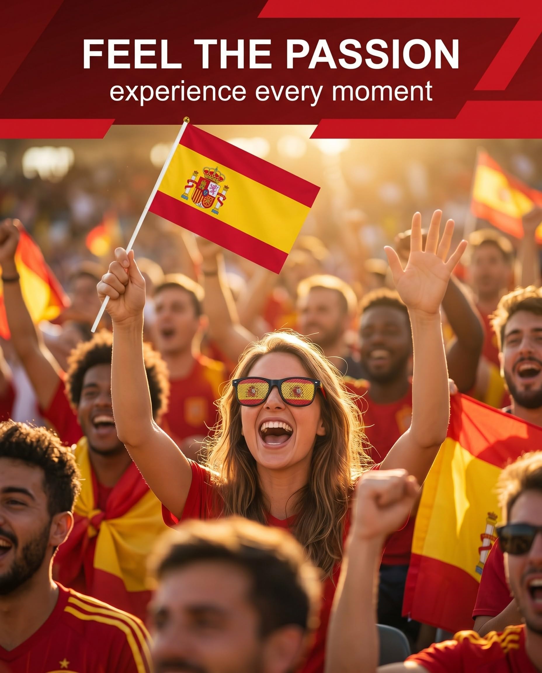 TISCH Set Fan Spagna: 2 Occhiali da Sole, 4 Bandiere 14x21cm per Mondiali, Europei | Outfit Festa & Public Viewing per Tifare la Squadra